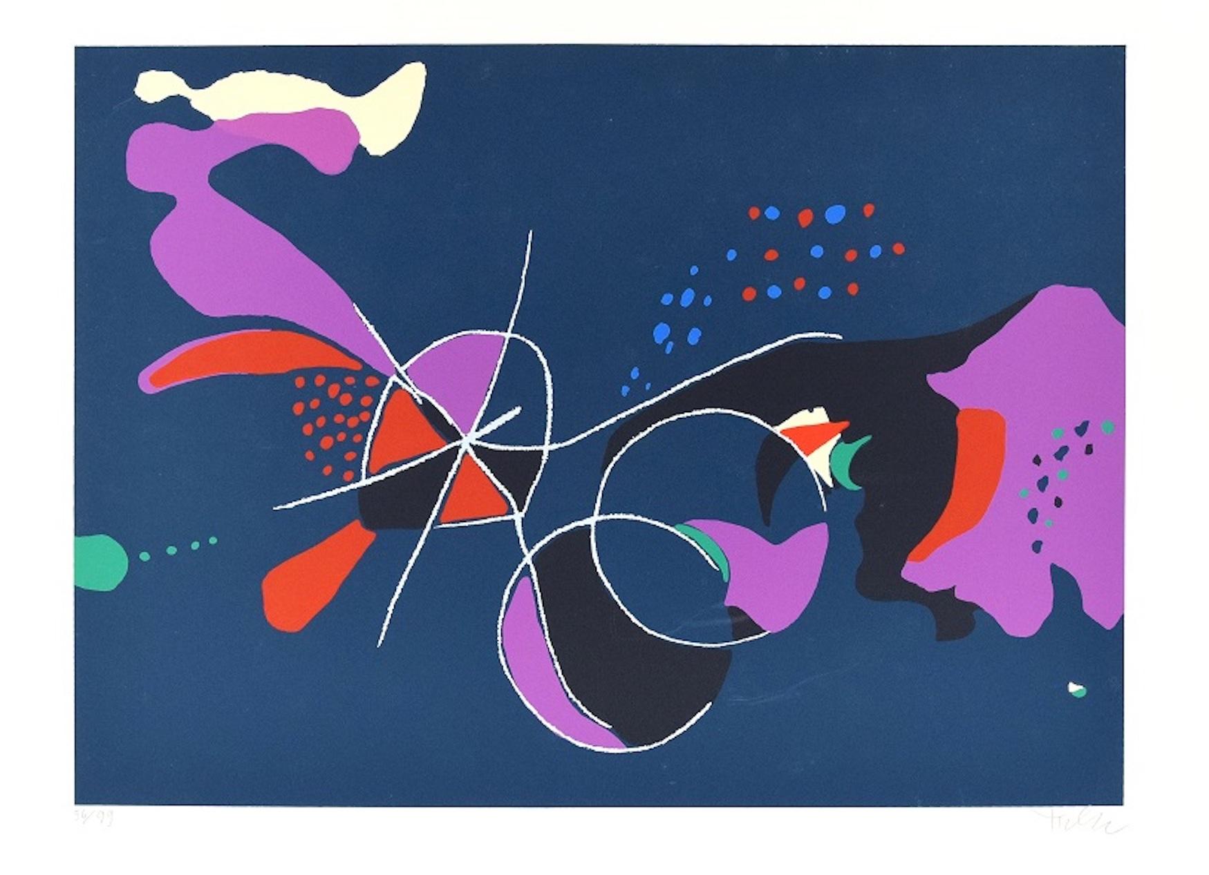 Dimensions de l'image : 35x49 cm.

Halley est une sérigraphie colorée sur papier filigrané Fabriano, réalisée dans les années soixante-dix du XXe siècle par l'artiste italien Wladimiro Tulli, publiée par Euromuseum Editore, une maison d'édition