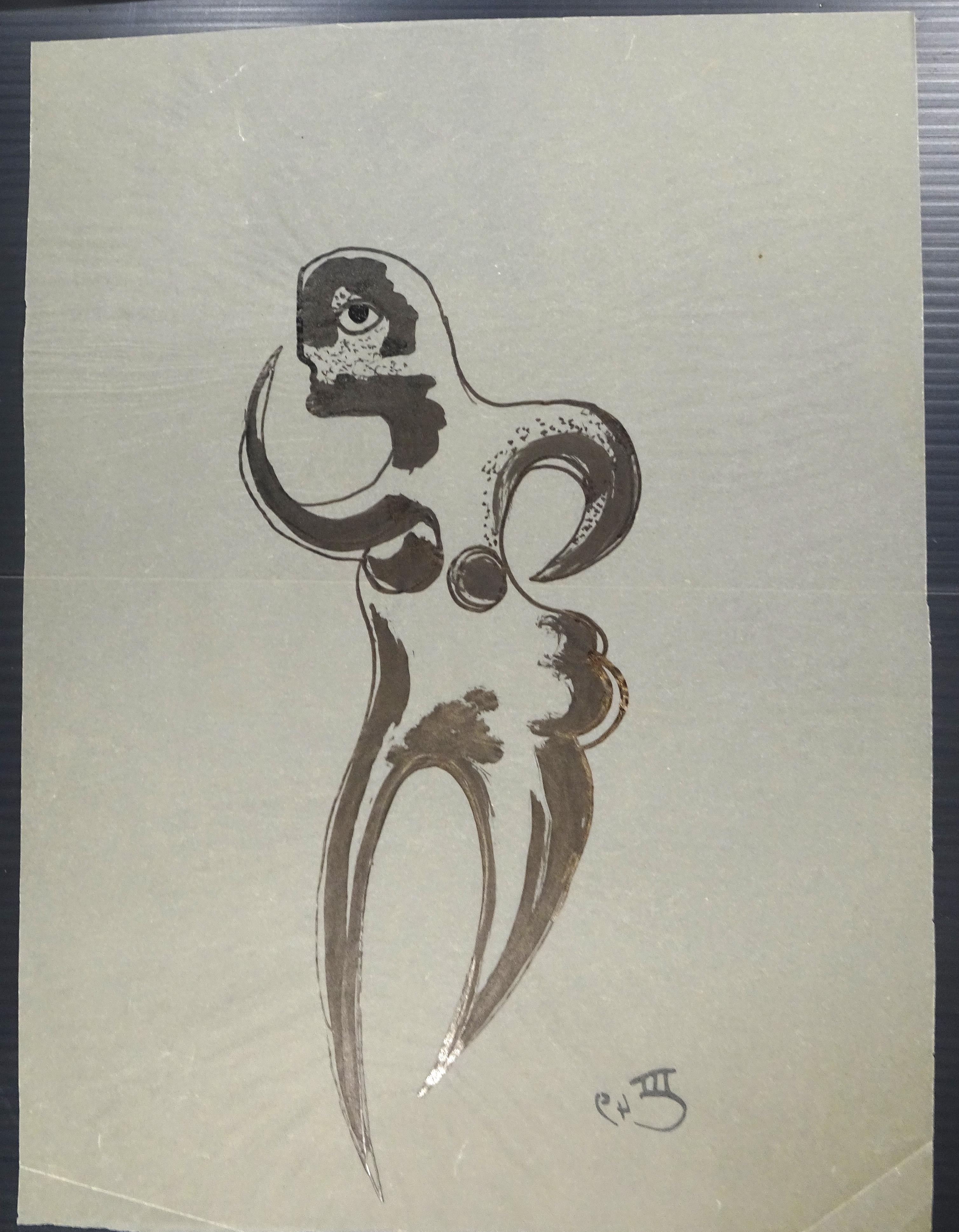 Stylized Figure  - Original China Ink on Paper by Michel Cadoret - 1949 1
