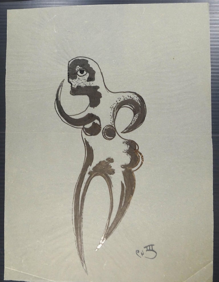 Stylized Figure  - Original China Ink on Paper by Michel Cadoret - 1949 For Sale 2