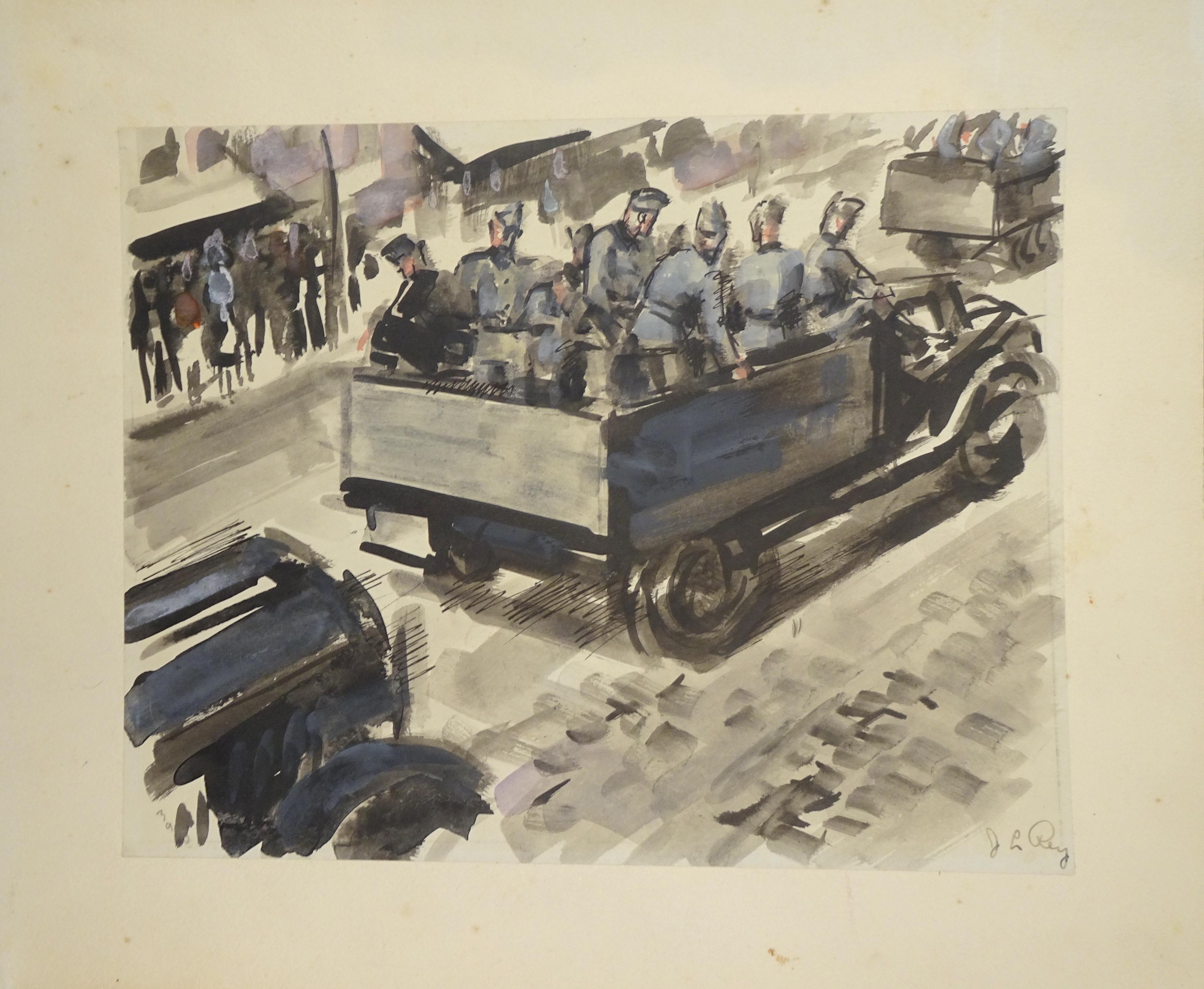 Soldiers is an original artwork realized by the Spanish artist José Luis Rey Vila in the 1950s. Tempera and watercolor on paper.

Hand-signed in pencil on the lower right. Glued on cardboard.

Good conditions, except for some foxings and stains on