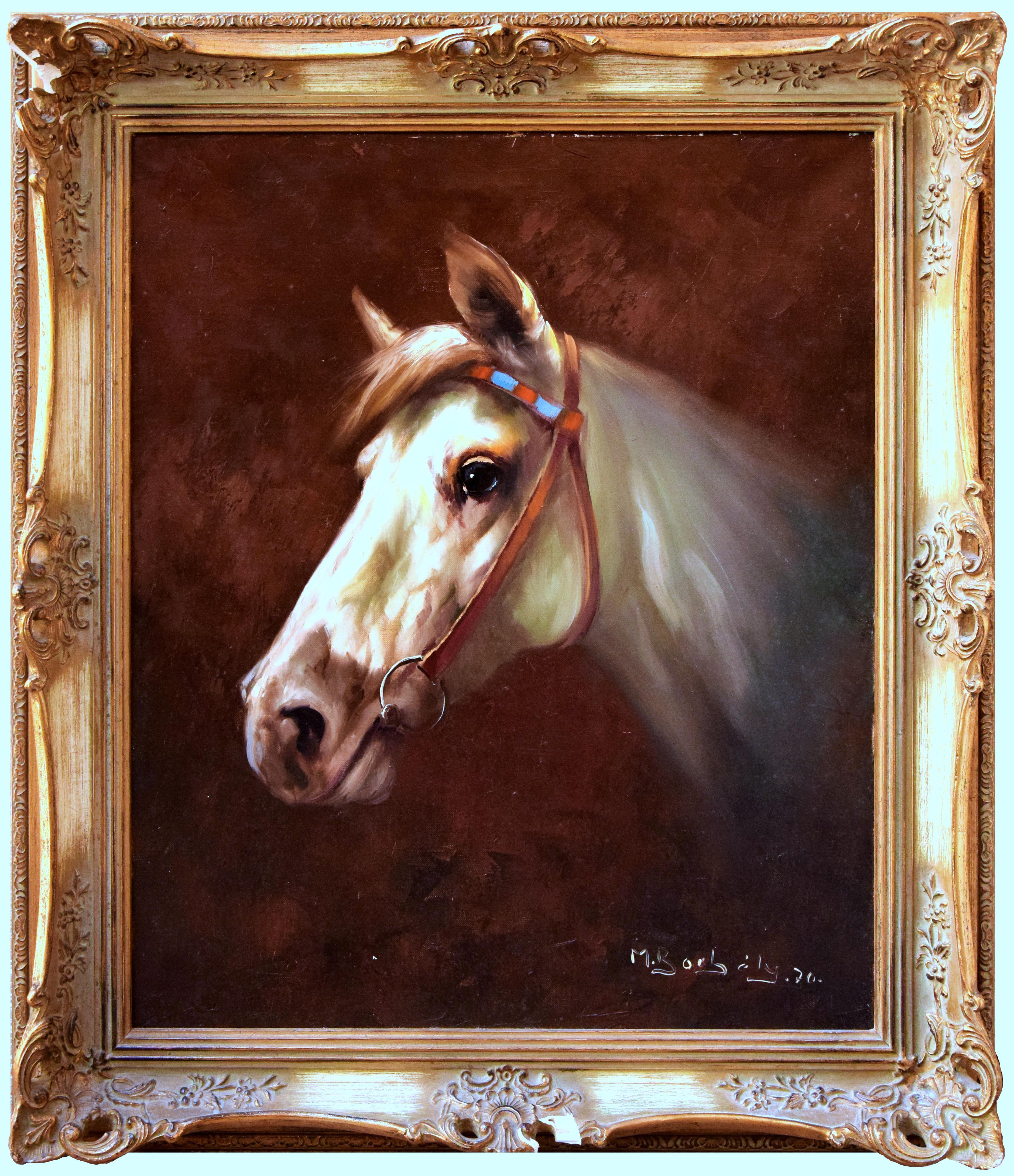 Portrait of a White Horse with Bridle - Original Oil on Canvas by M. Borbely - Painting by Michael Borbely