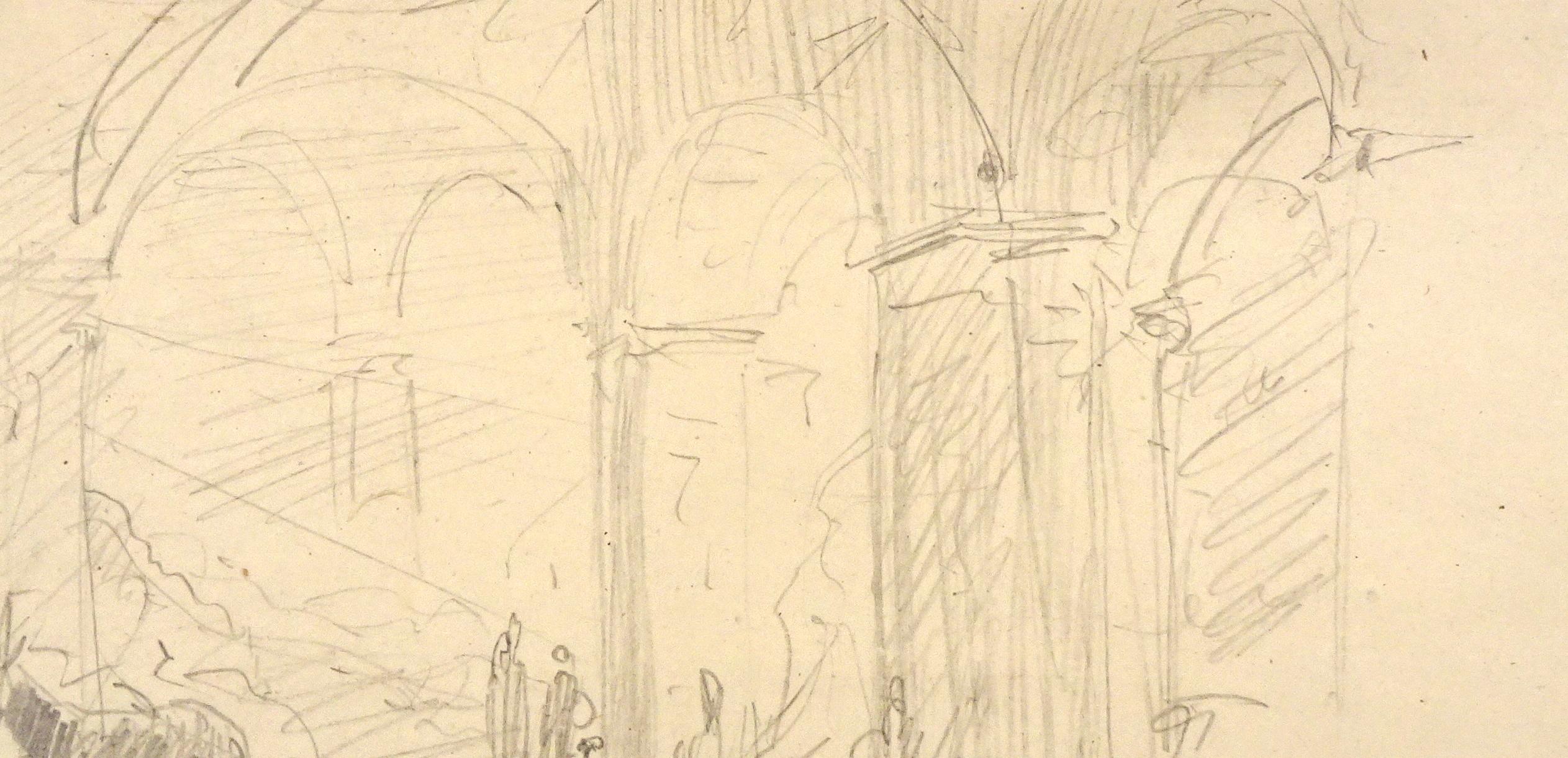 Colonnade - Original Pencil Drawing by Horace Vernet - Mid 1800 - Beige Nude by Émile Jean-Horace Vernet 