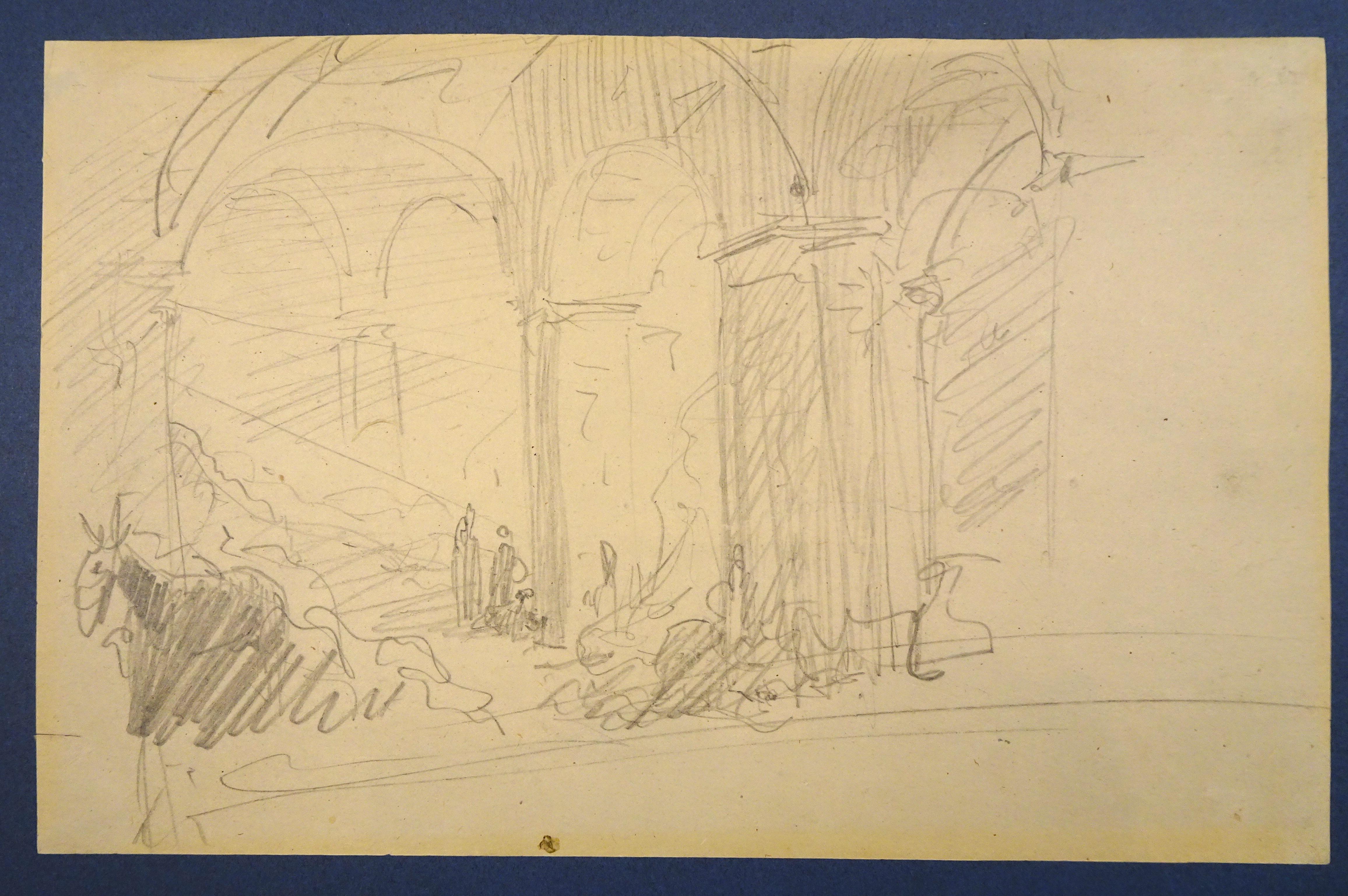 Émile Jean-Horace Vernet  Nude - Colonnade - Original Pencil Drawing by Horace Vernet - Mid 1800