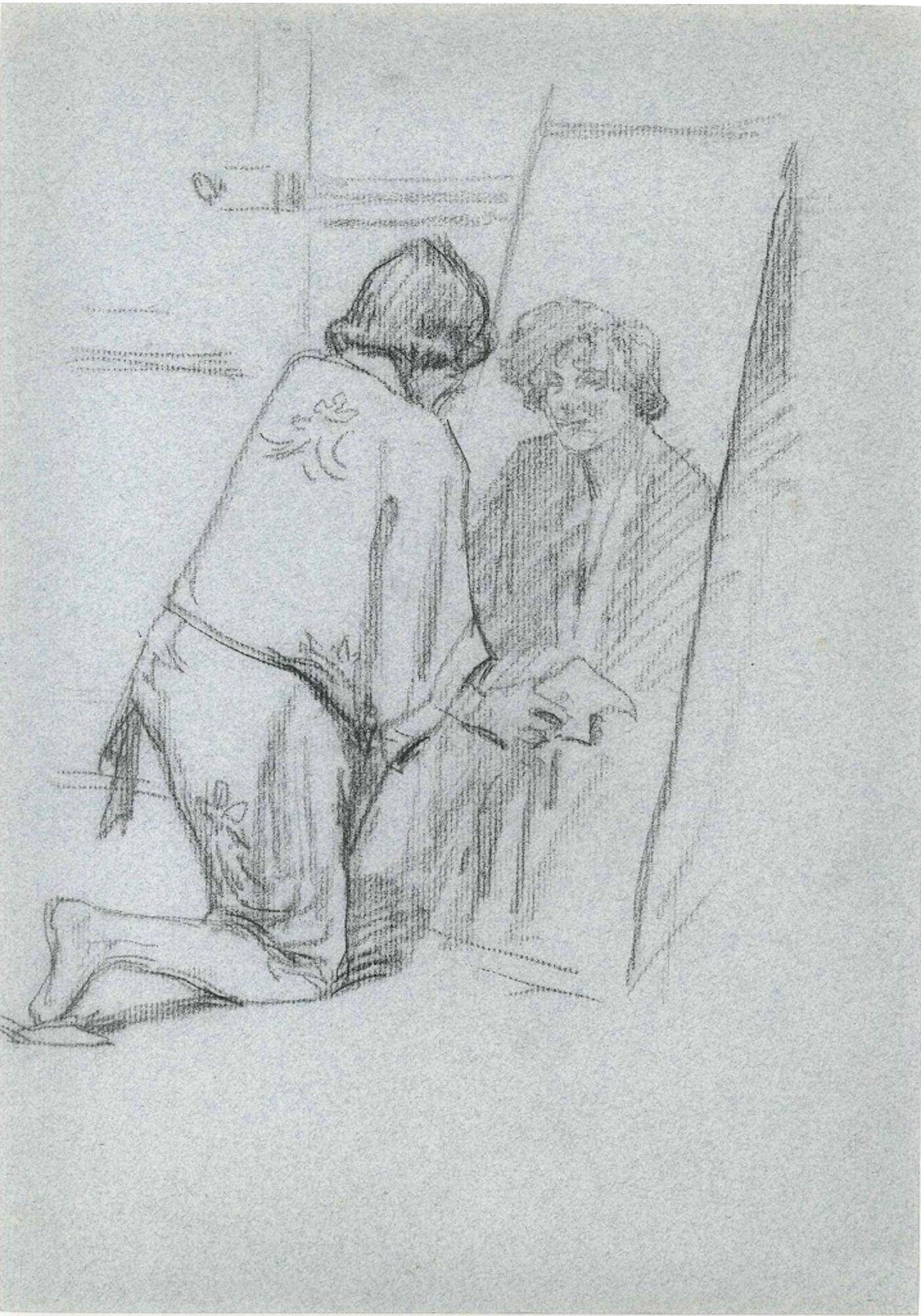 Unknown Figurative Art - Figure in the Mirror - Pencil Drawing Mid 20th Century