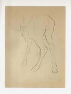 Deer From Behind - Original Pencil Drawing by Ernest Rouart - 1890s