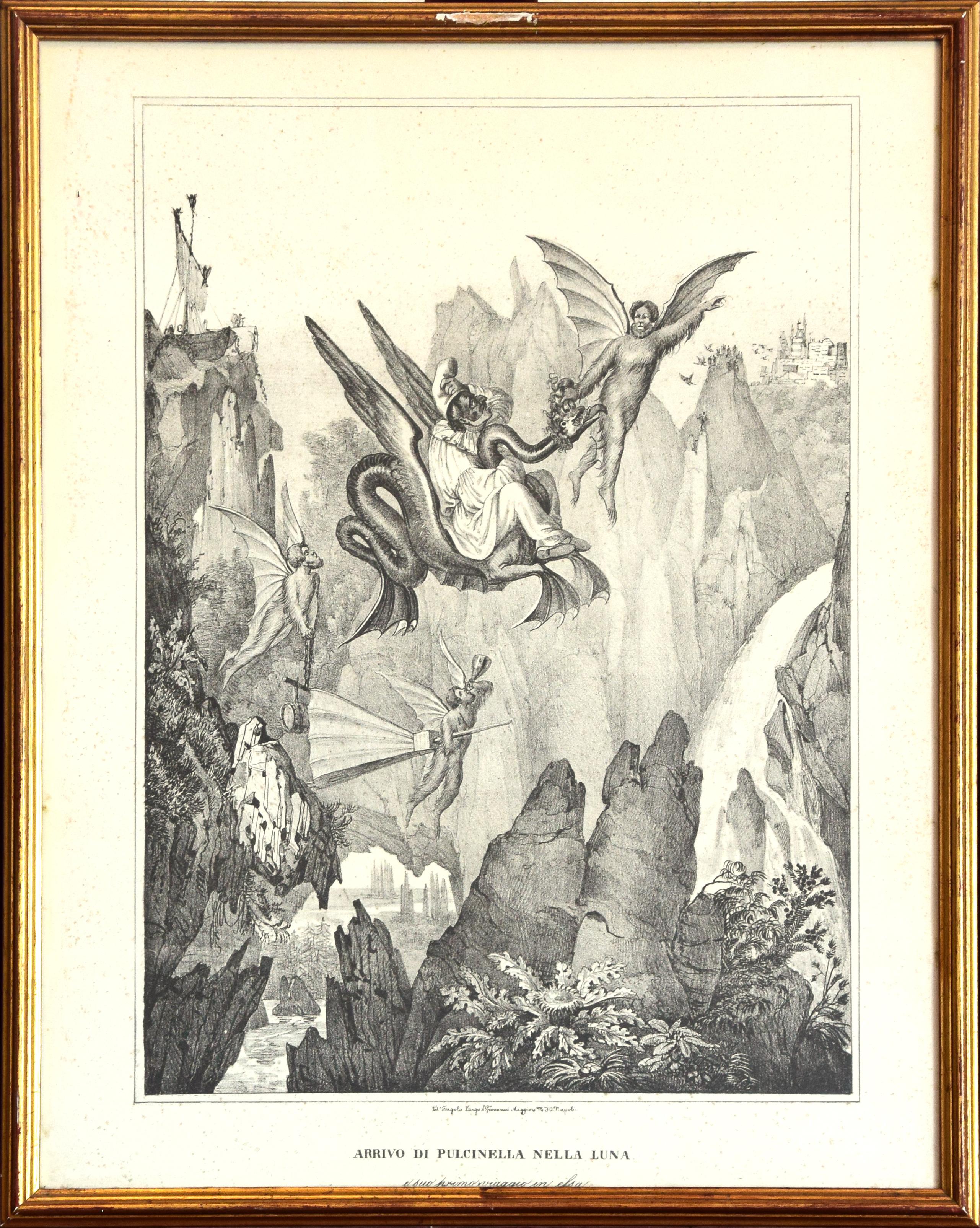 Arrival Of Pulcinella On The Moon is an original lithograph made by Gaetano Dura.

Title on the lower center. Published by Lithography Fergola, Naples (printed on lower center). XX century. On lower right is printed: Museo Aeronautico Caproni