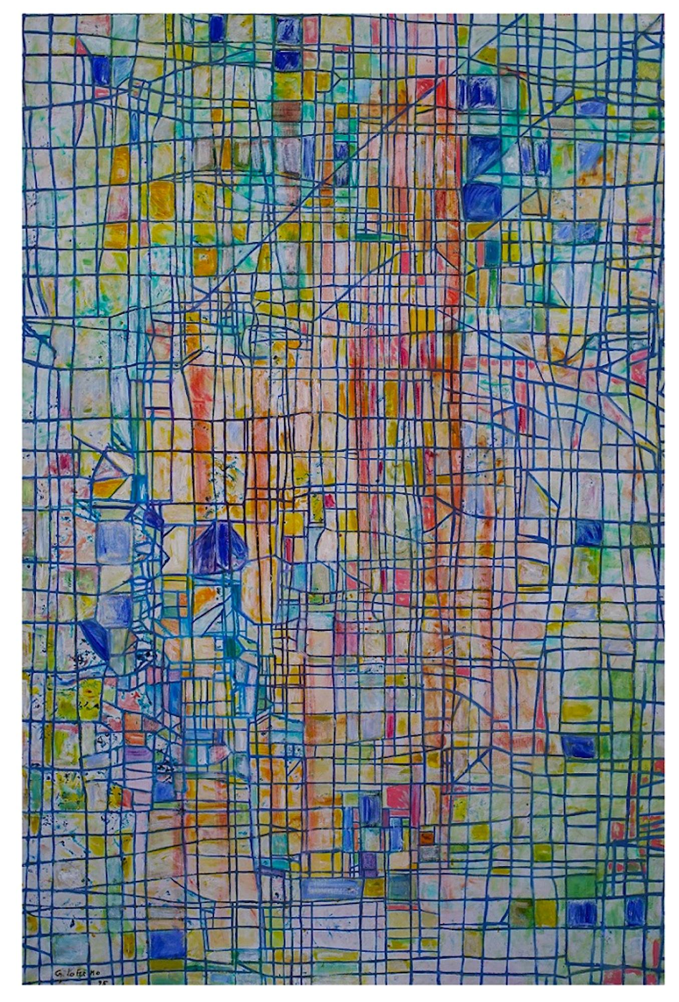 Reticulum è un olio su tela originale realizzato da Giorgio Lo Fermo nel 1995. Firmato a mano e datato dall'artista sul margine inferiore sinistro. Condizioni perfette.

Questo splendido dipinto rappresenta una griglia policroma che occupa l'intera