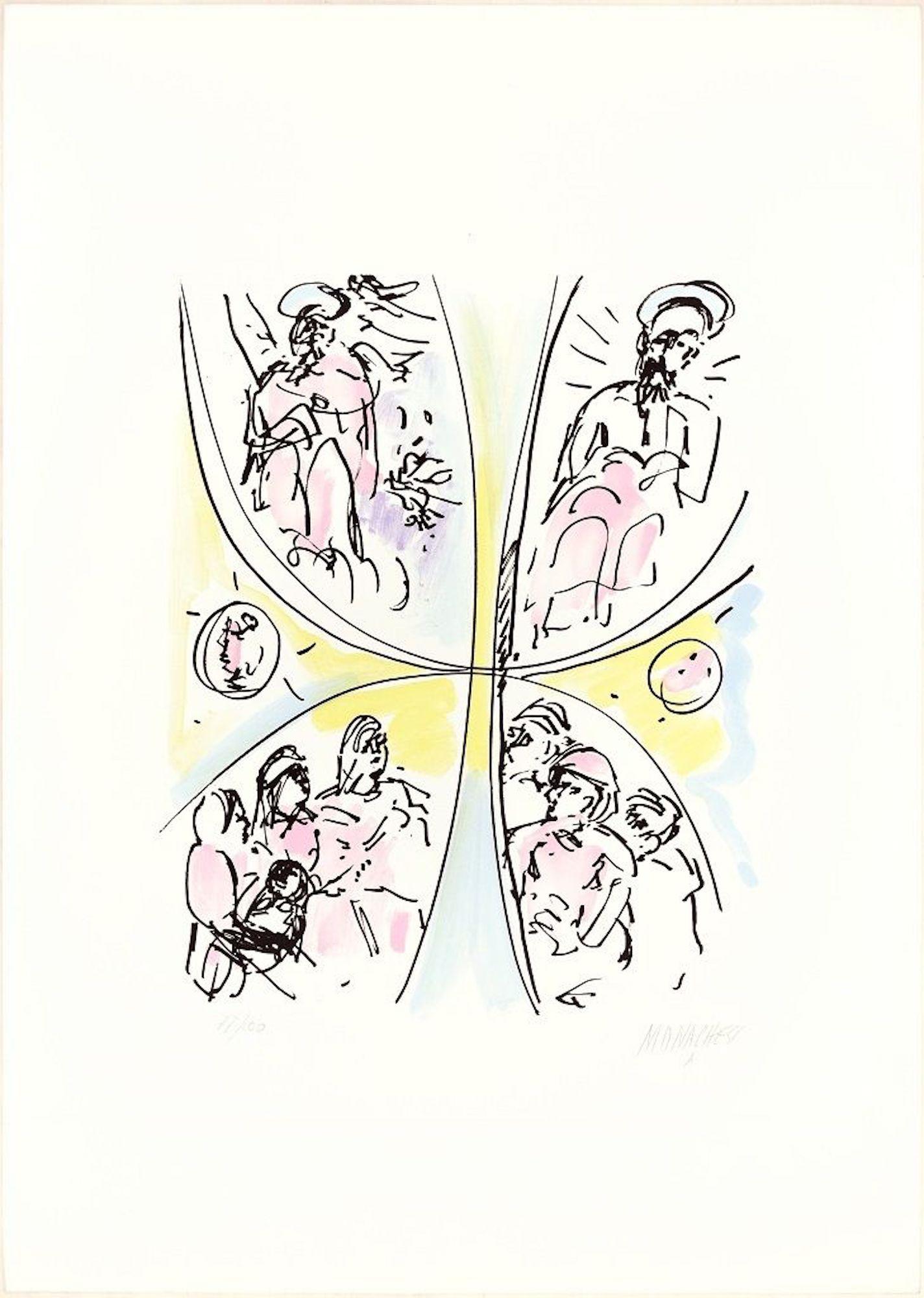 Image dimensions: 39.5 x 34 cm.

Giubileo is a colored lithograph on paper, realized by the Italian artist Sante Monachesi.

Signed and numbered in pencil on the lower margin. Edition of 100 prints.

In excellent conditions, this beautiful and