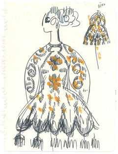 Sketch for a Female Costume - Original Penmark and Tempera by A. Matheos