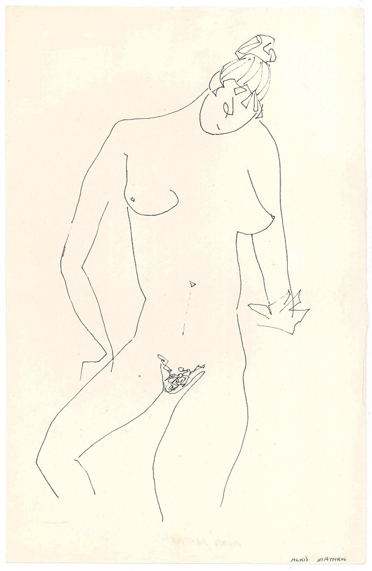Alkis Matheos Landscape Art - Sketched Female Nude - Original China Ink on Paper by A. Matheos 
