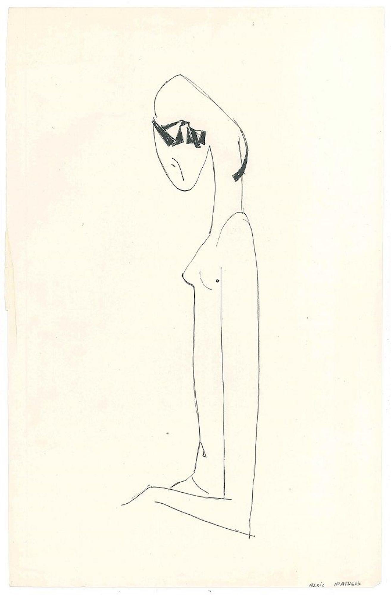 Alkis Matheos Landscape Art - Stylized Female Nude  - China Ink on Paper by A. Matheos