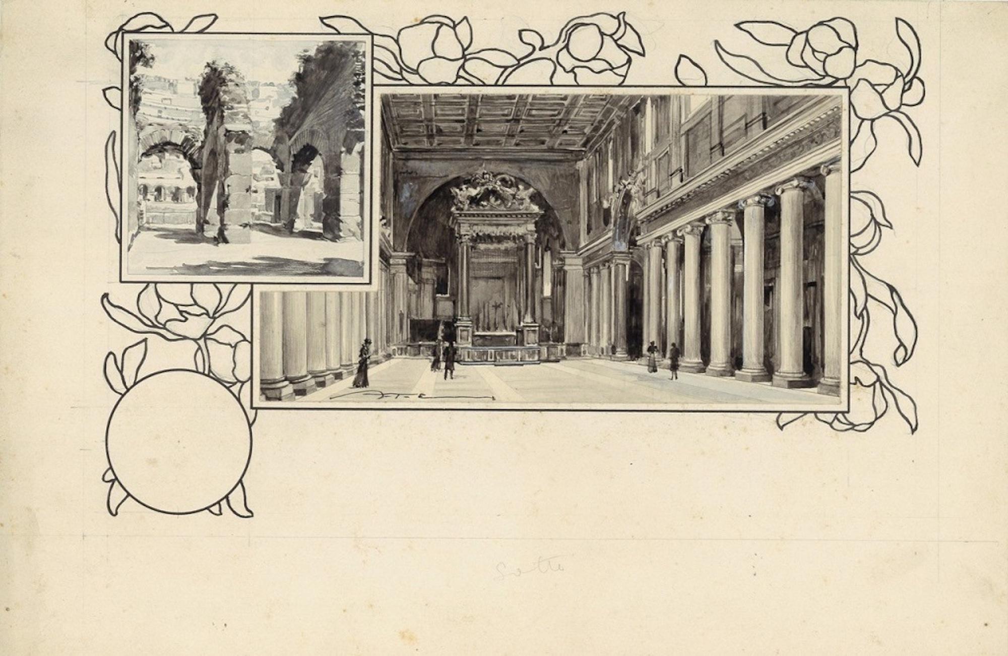 Santa Maria Maggiore and Coliseu - Original China Ink Drawing by A. Terzi - 1899
