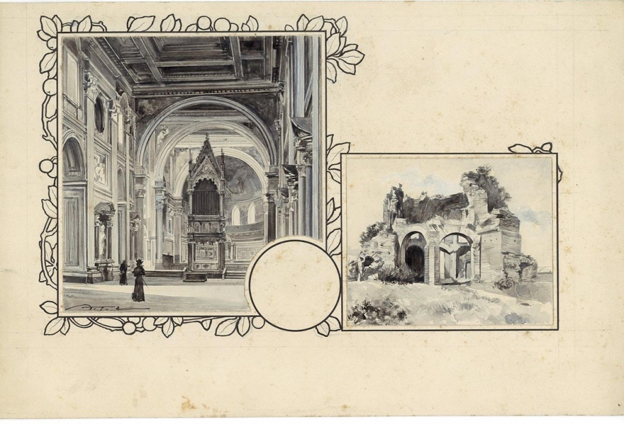 San Giovanni and Minerva Temple - Original China Ink Drawing by A. Terzi - 1899