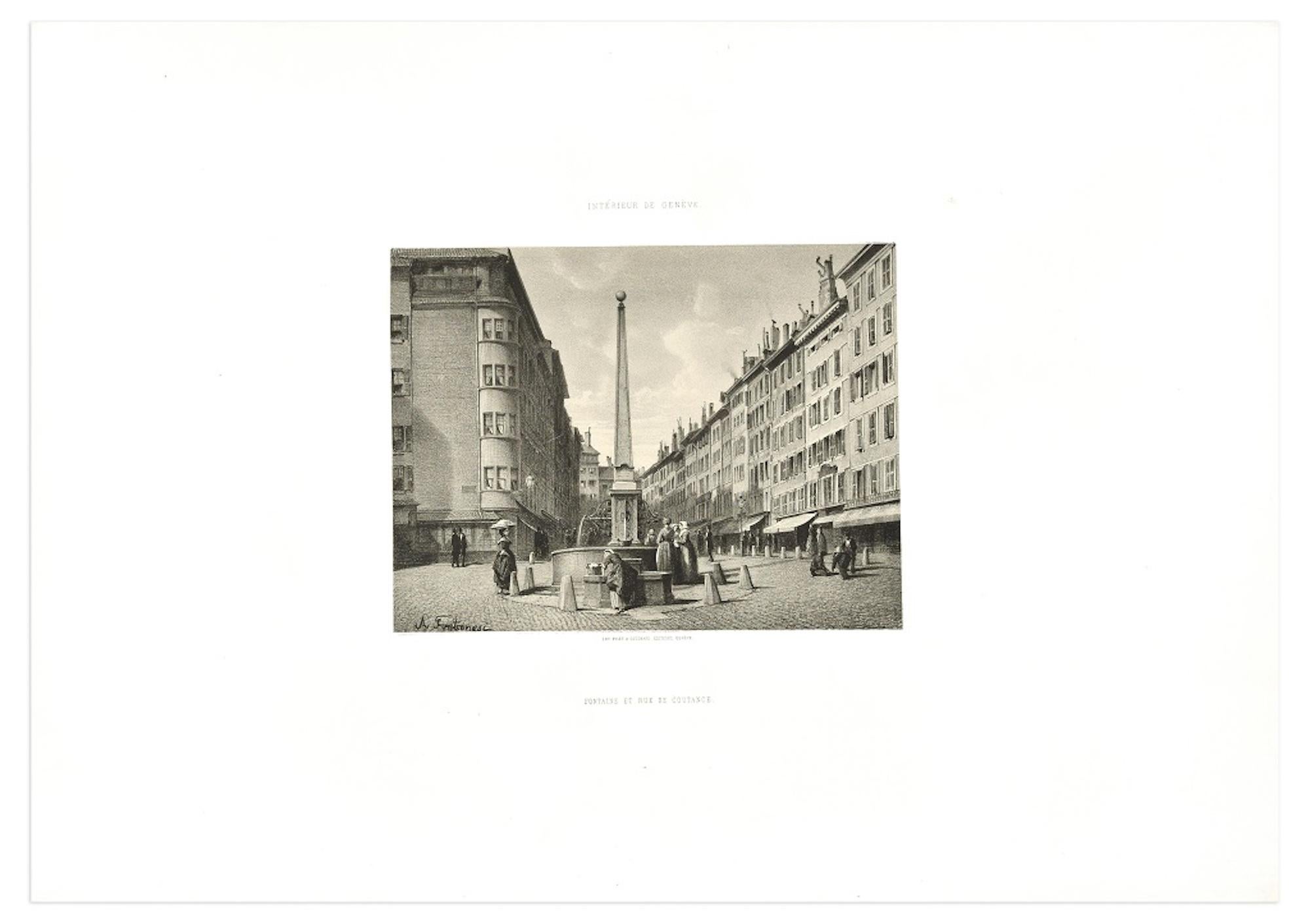 Interieur de Genève. Fontaine et Rue de Coutance - Lithographie d'A. Fontanesi - Print de Antonio Fontanesi
