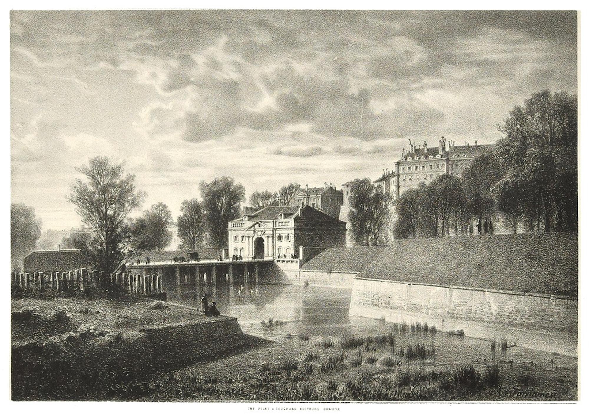Antonio Fontanesi Landscape Print - Interieur de Geneve. Porte Neuve - Lithograph by A. Fontanesi