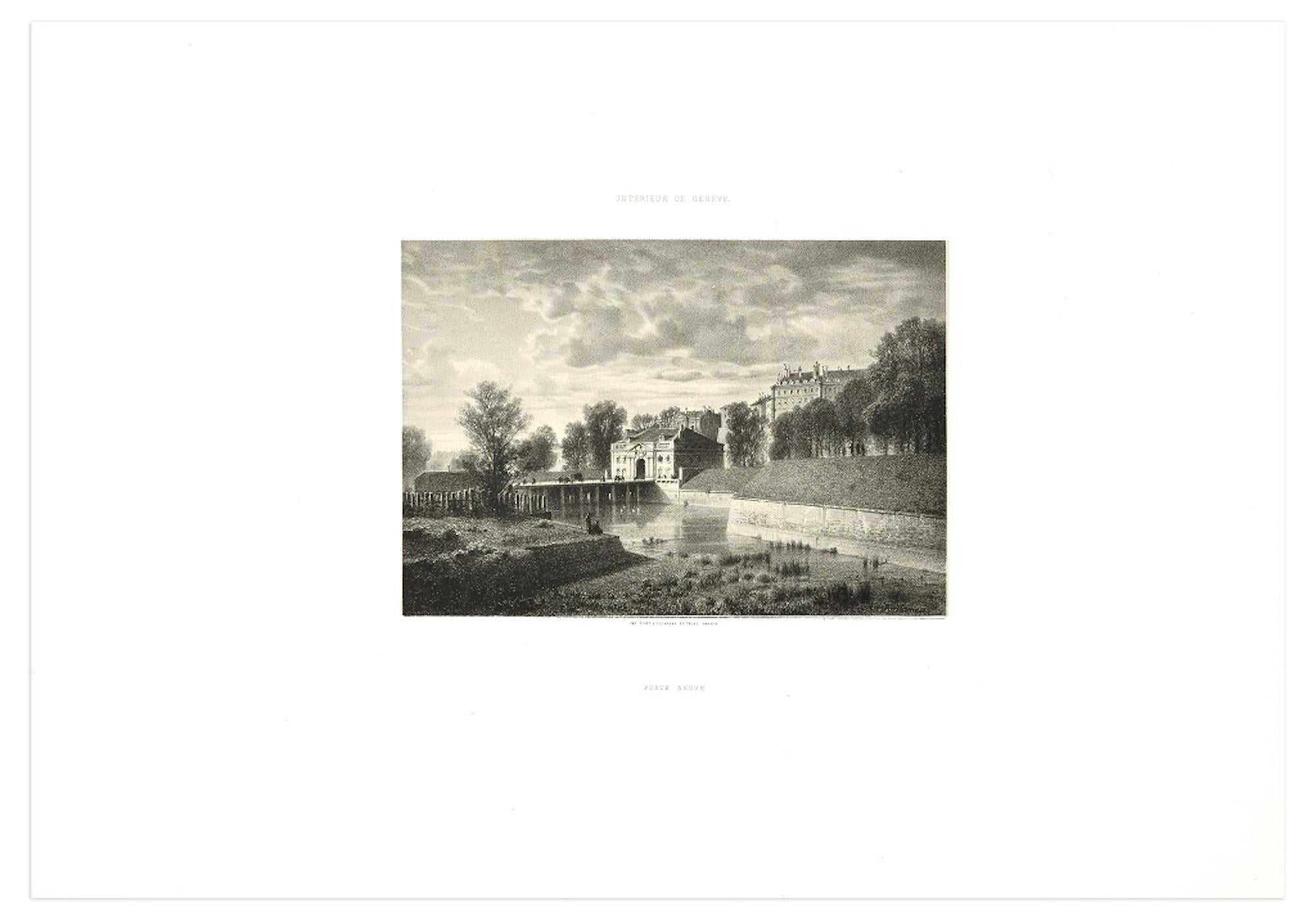 Interieur de Geneve. Porte Neuve - Lithograph by A. Fontanesi - Print by Antonio Fontanesi