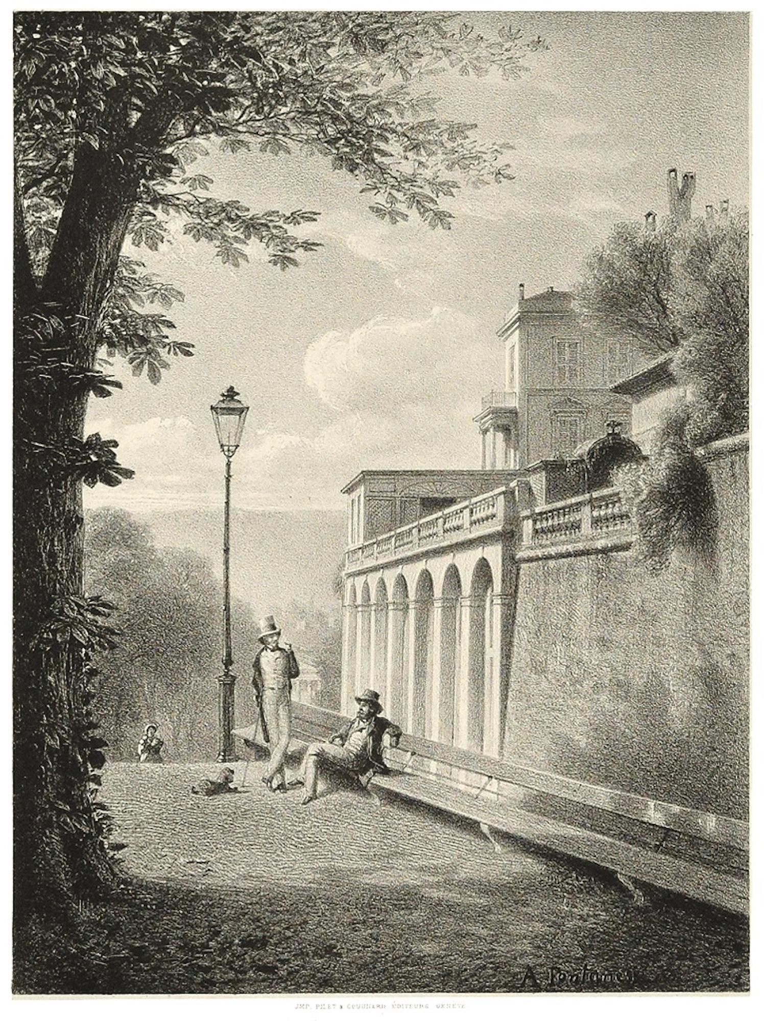 Antonio Fontanesi Landscape Print - Interieur de Geneve. Un Coin De La Treille - Lithograph by A. Fontanesi