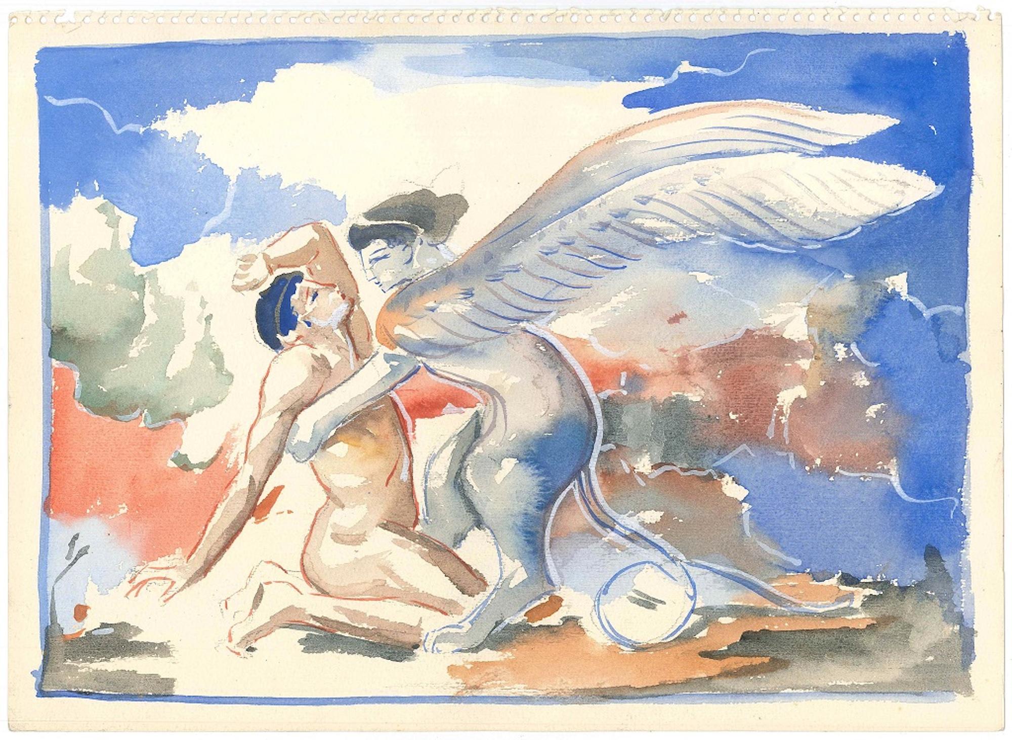 Alkis Matheos Figurative Art - The Sphinx - Original Pencil, Pen and Watercolor on Paper by A. Matheos 