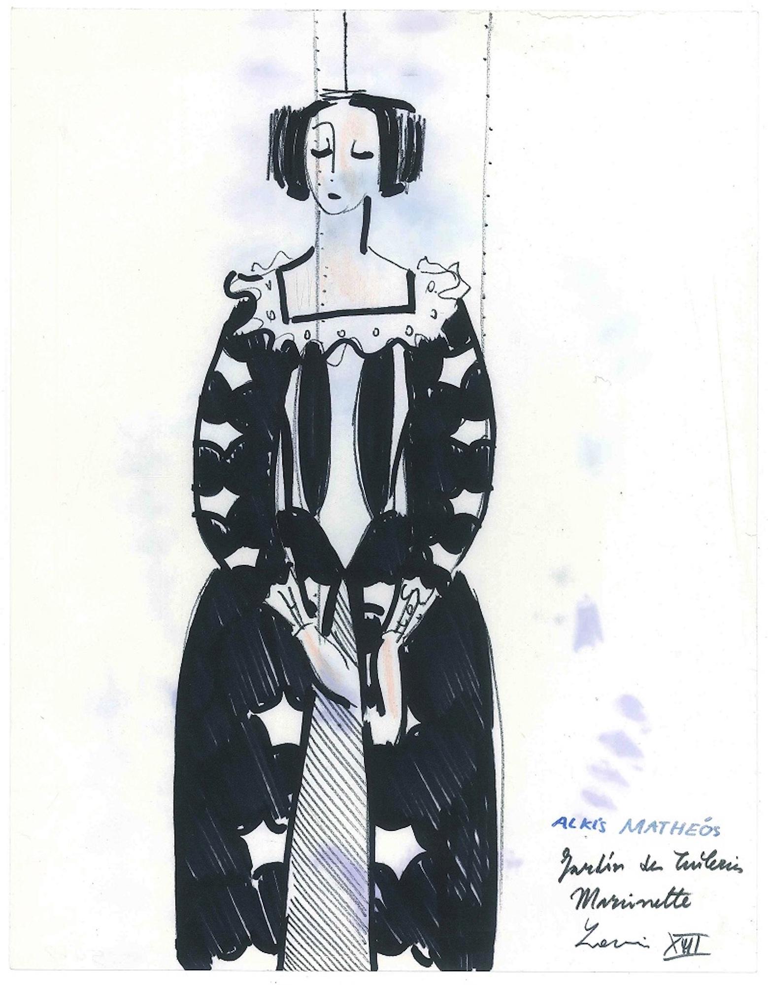 Kostüm für Marinette  Stift- und Aquarellmalerei von A. Matheos 