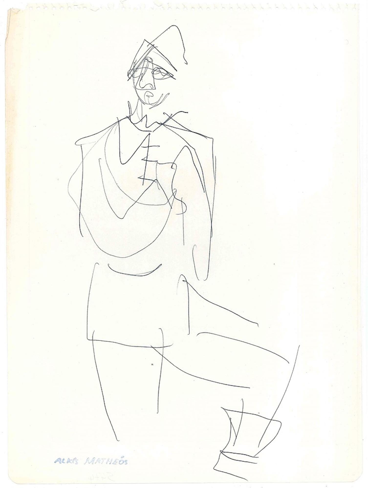 Alkis Matheos Figurative Art - Sketch for a Costume  - Original China Ink on Paper by A. Matheos 