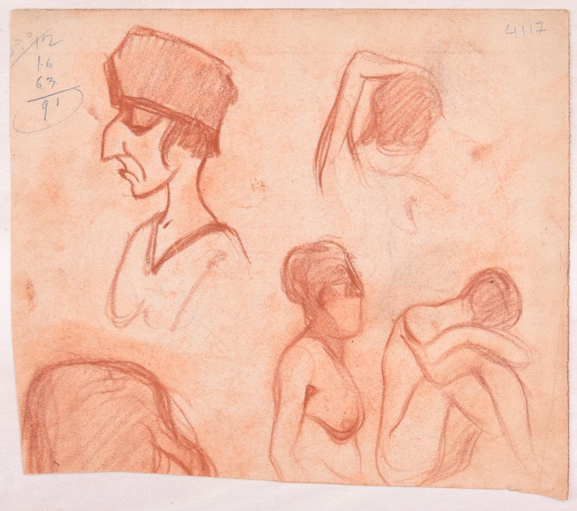 Études pour les nus féminins - dessin original au crayon de D. Ginsbourg - 1918 - Art de Daniel Ginsbourg