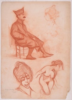 Studies For Several Figures - Original Pencil Drawing by D. Ginsbourg - 1918