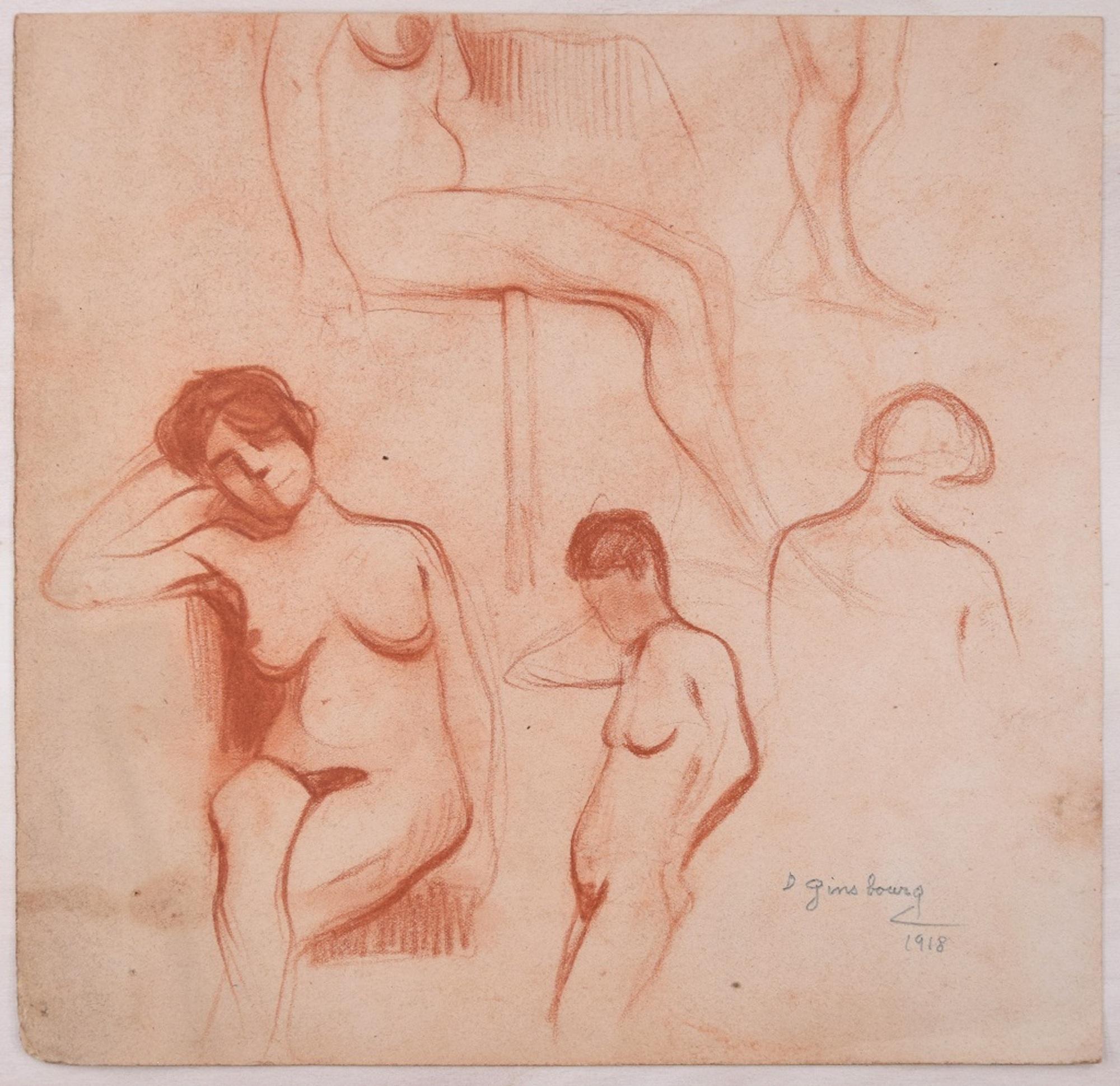 Daniel Ginsbourg Figurative Art - Studies for a Female Standing Nude - Pencil Drawing by D. Ginsbourg - 1918