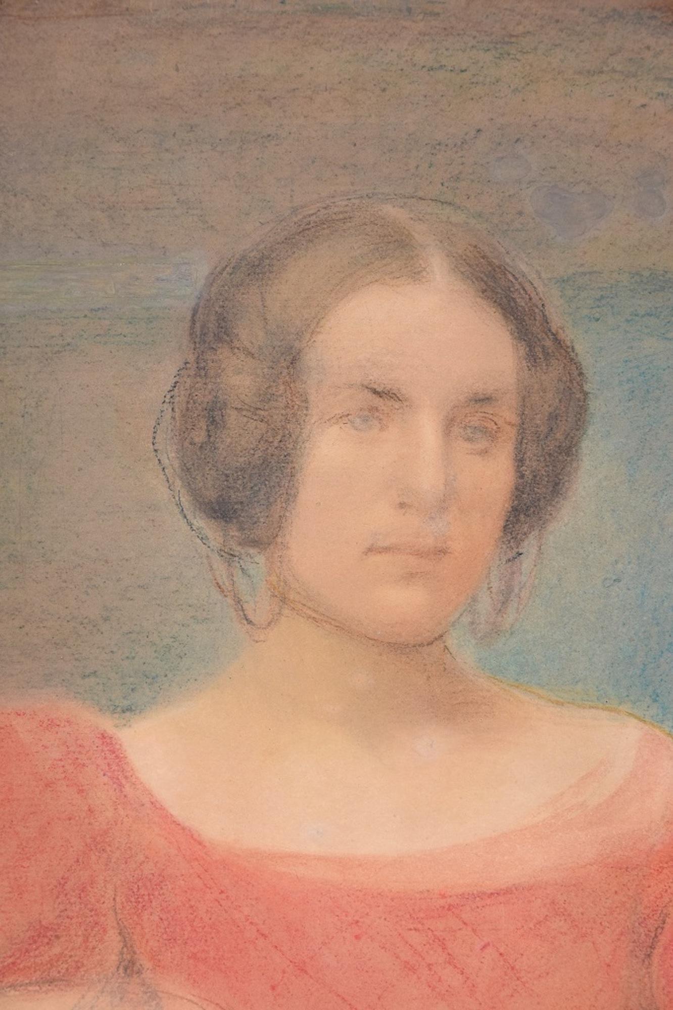 Woman in Red - Original Pastel Drawing Early 1900 - Art by Unknown