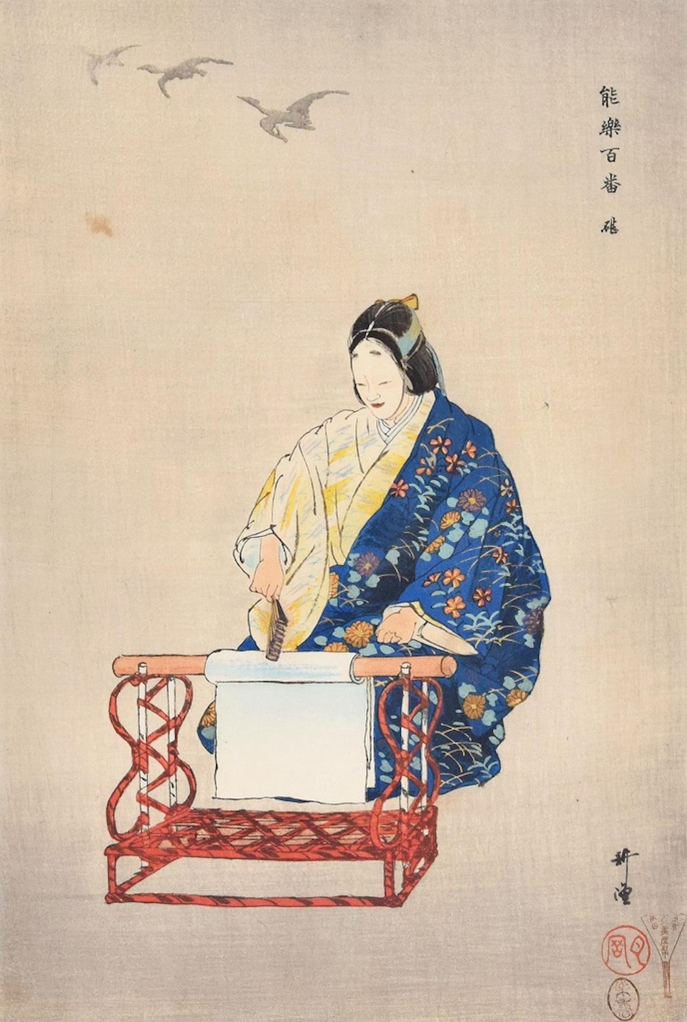 Kinuta est une magnifique xylographie en couleur sur papier, réalisée par le maître japonais Tsukiota Kogyo (1869-1927).

La signature de l'artiste se trouve dans le sceau rouge imprimé dans le coin inférieur droit "Tsukioka".
Tiré de la série "Cent