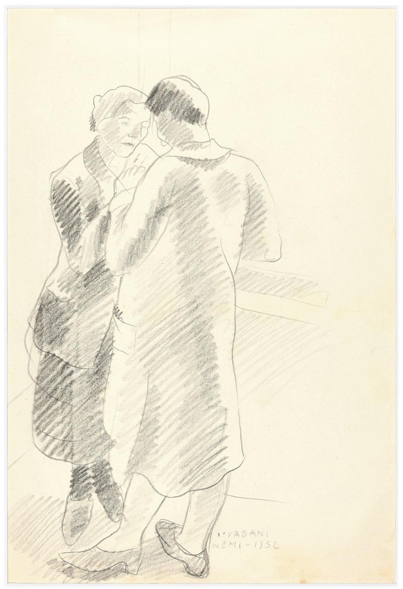 Liebespaar ist eine hervorragende Original-Bleistiftzeichnung auf cremefarbenem Papier aus dem Jahr 1932 des italienischen Künstlers Ildebrando Urbani.

Handsigniert in Großbuchstaben und datiert in Bleistift am unteren rechten Rand "Urbani / Nemi,