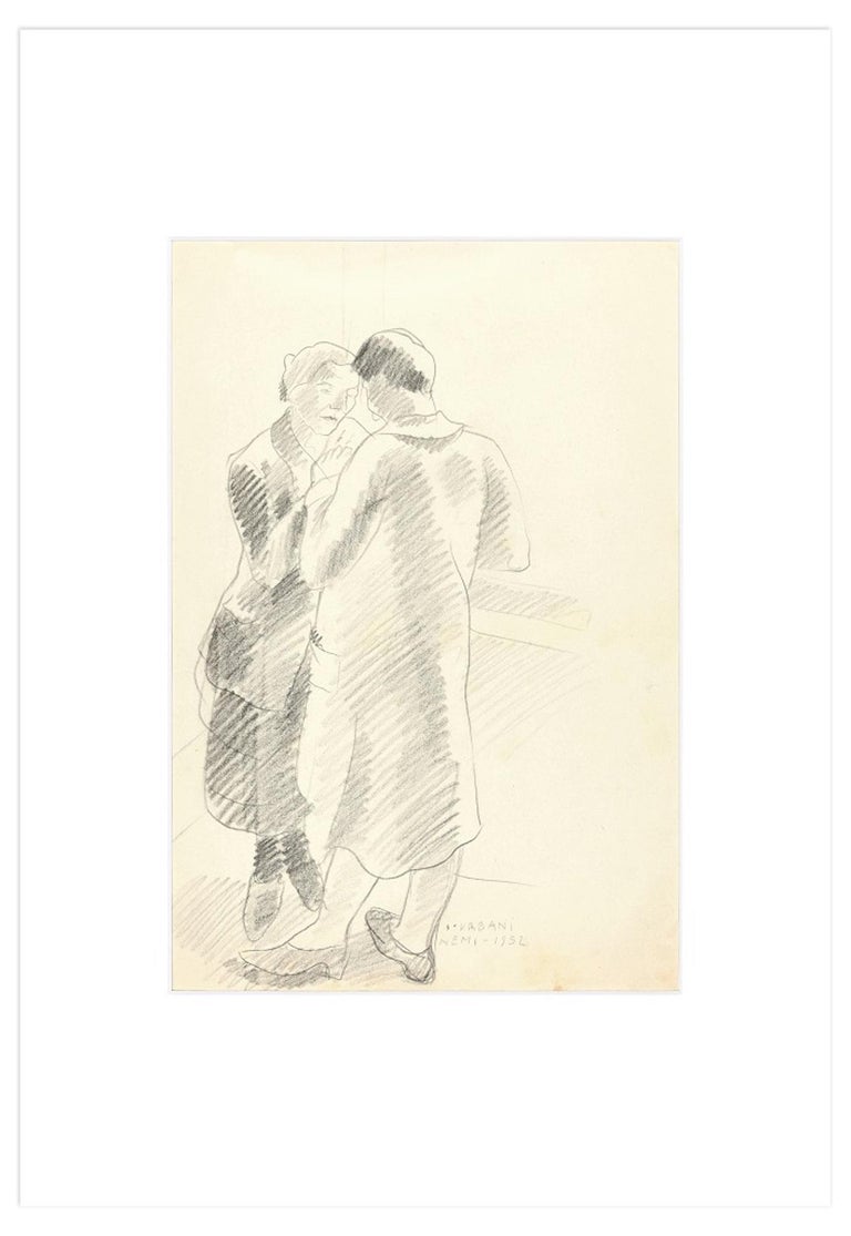 Ildebrando Urbani Couple Of Lovers Original Pencil Drawing By
