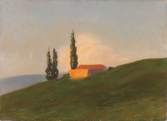 Sunset - Farmhouse with Trees - Original Oil on Canvas by Emilio Sobrero - 1910