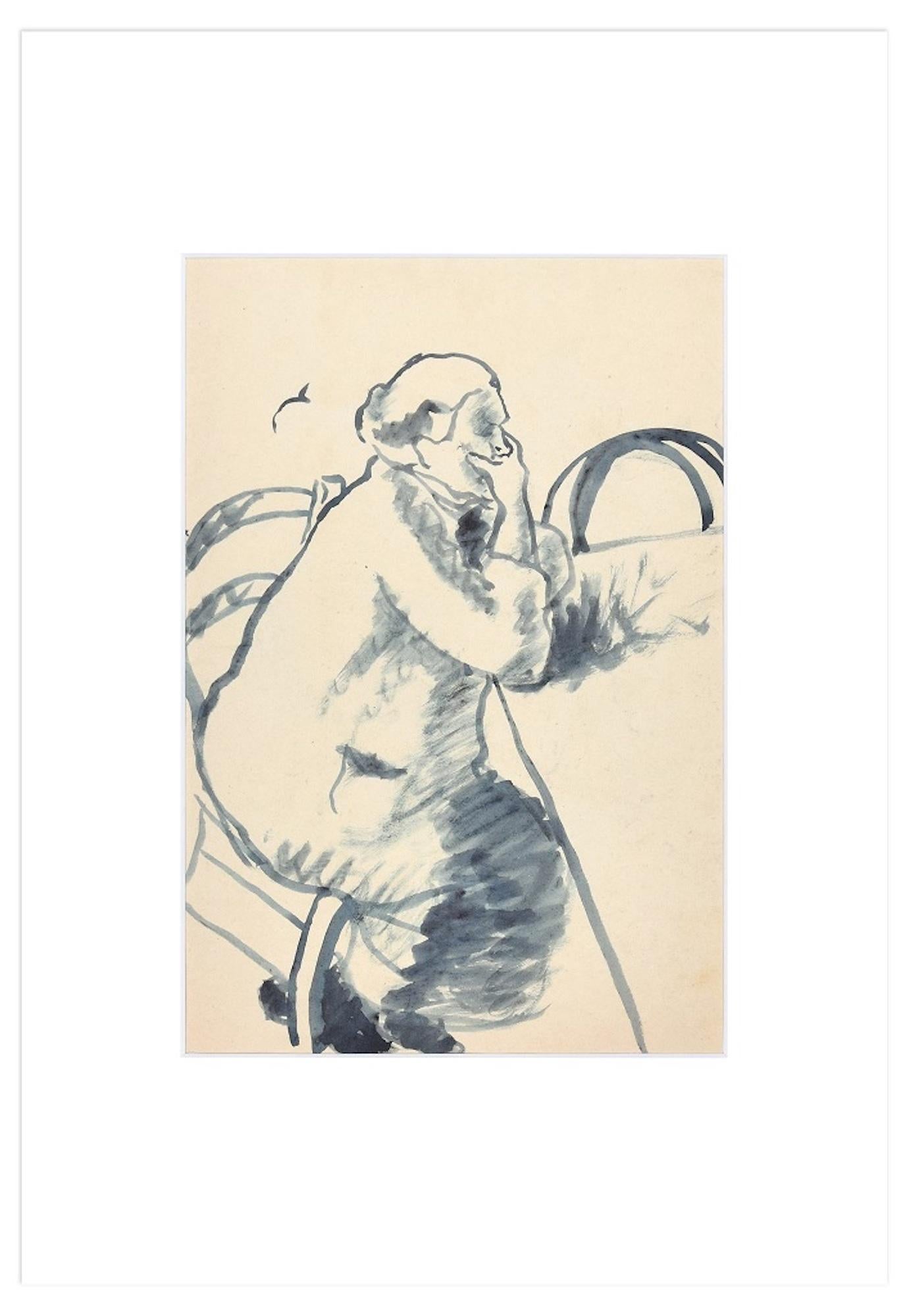 Woman Thinking - Original-Aquarell  von Ildebrando Urbani – 1930er Jahre im Angebot 1