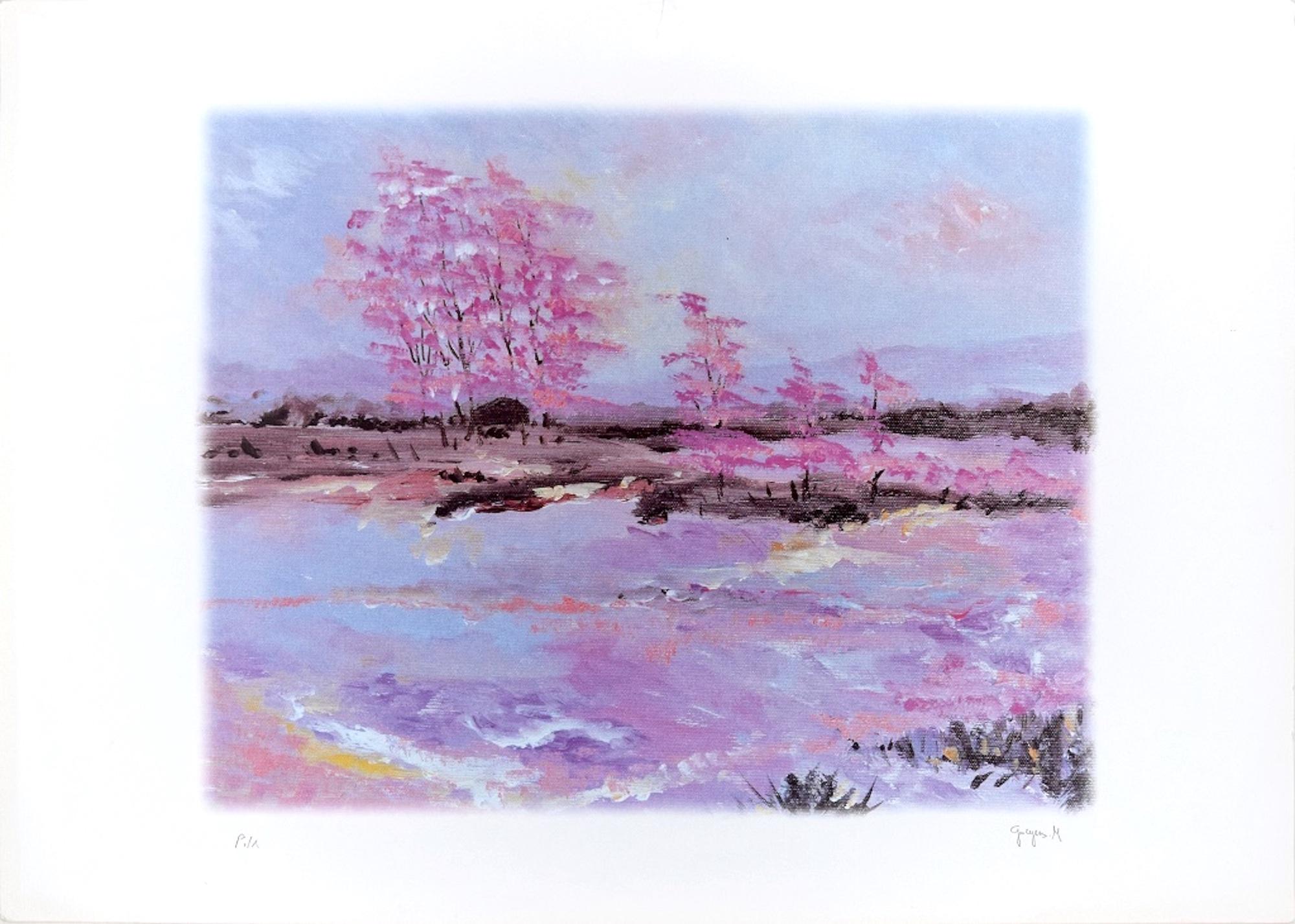Le Jour se Lève is an original colored lithograph on cream-colored paper print realized by Martine Goeyens in the 2000's.

The contemporary artwork, representing a wonderful natural landscape colored by the pink of the cherry tree is hand-signed in