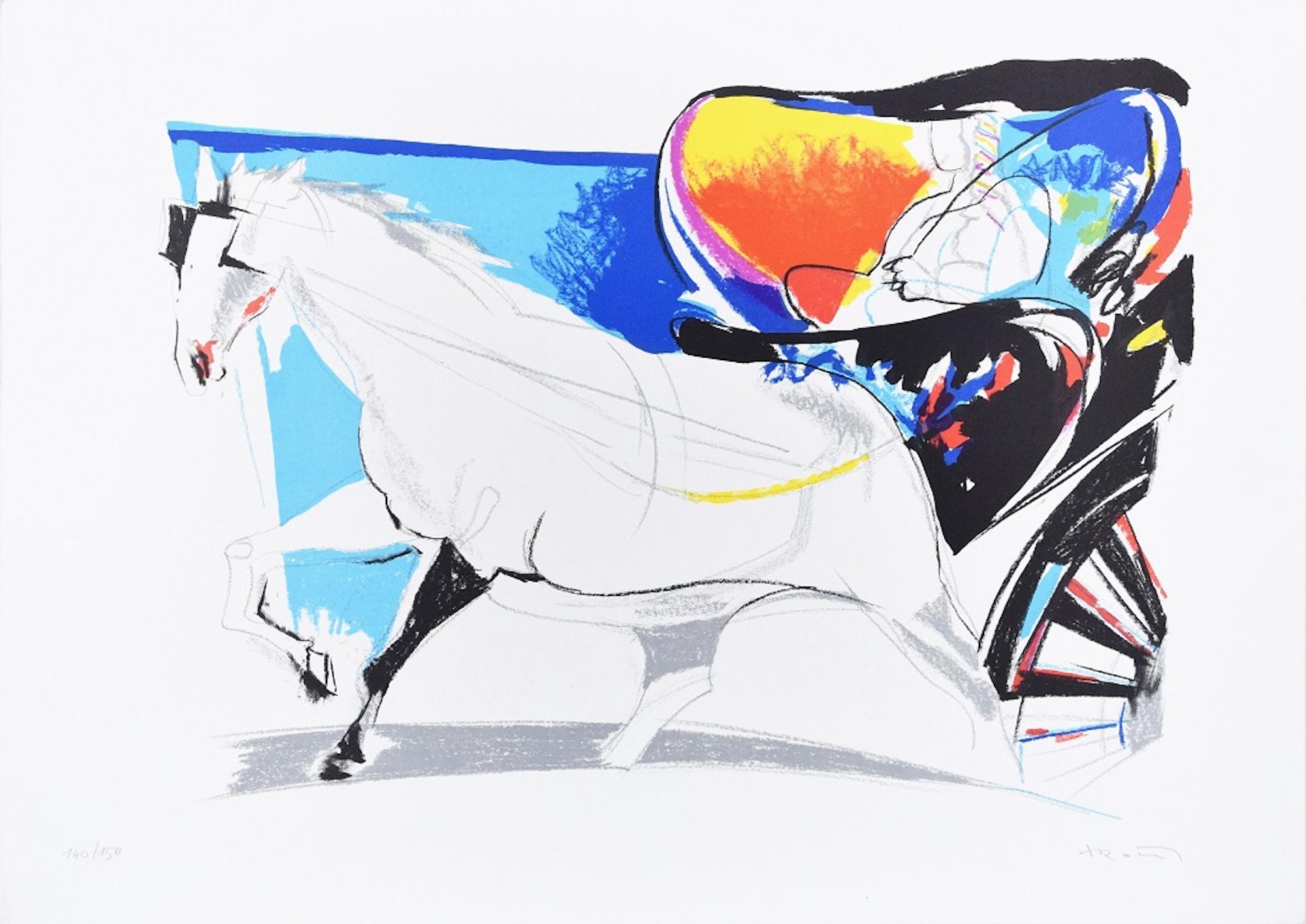 Risciò is an original colored lithograph on  Fabriano Cotton watermarked paper realized by Sandro Trotti in the 1970's and published by EuroMuseum Editore, Ancona. 

Representing a barrow exalted by a wonderful contrast of colors, is hand-signed in