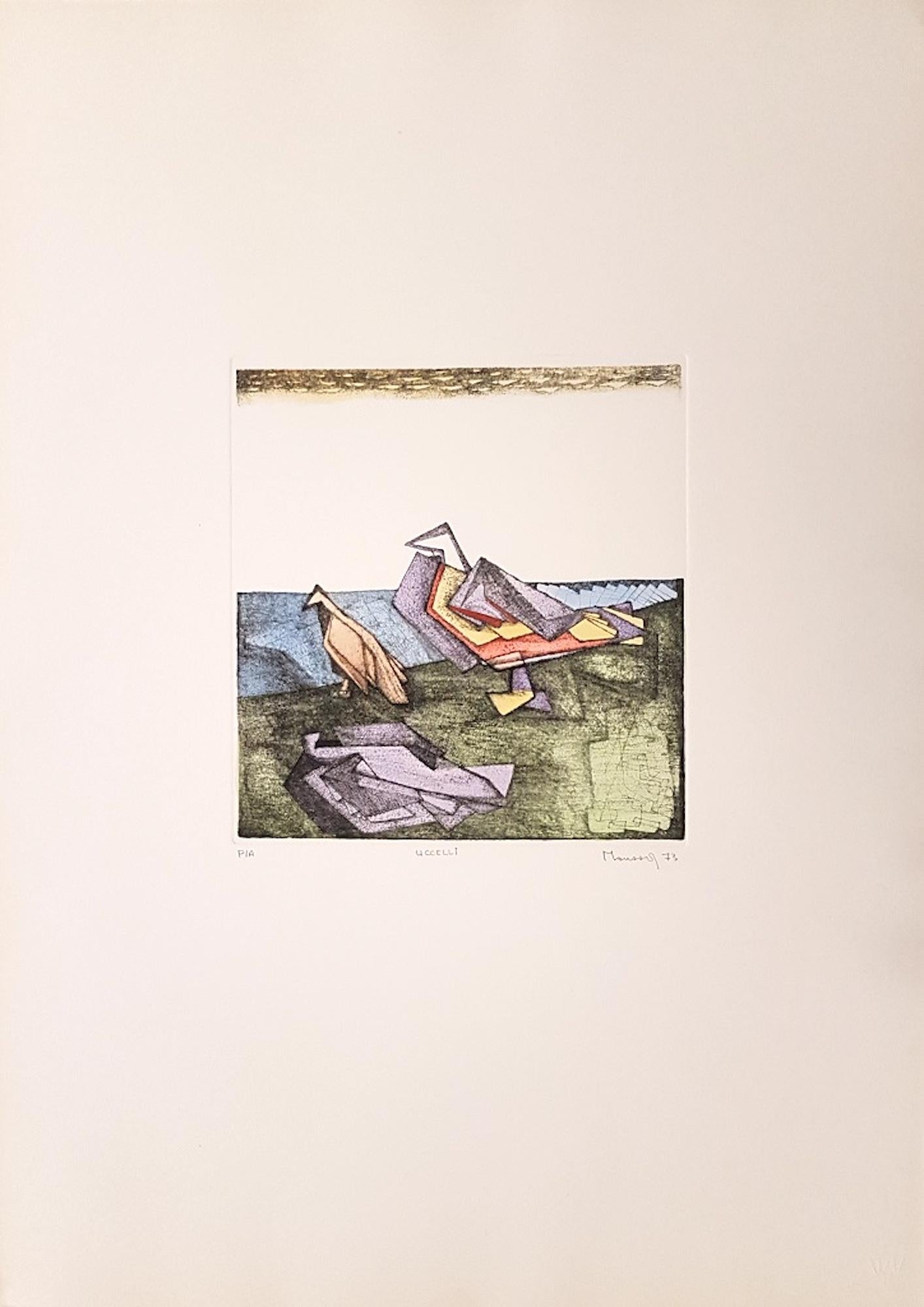 Abdayem Moussa Print - Birds - Original Etching by Adam Moussa - 1973