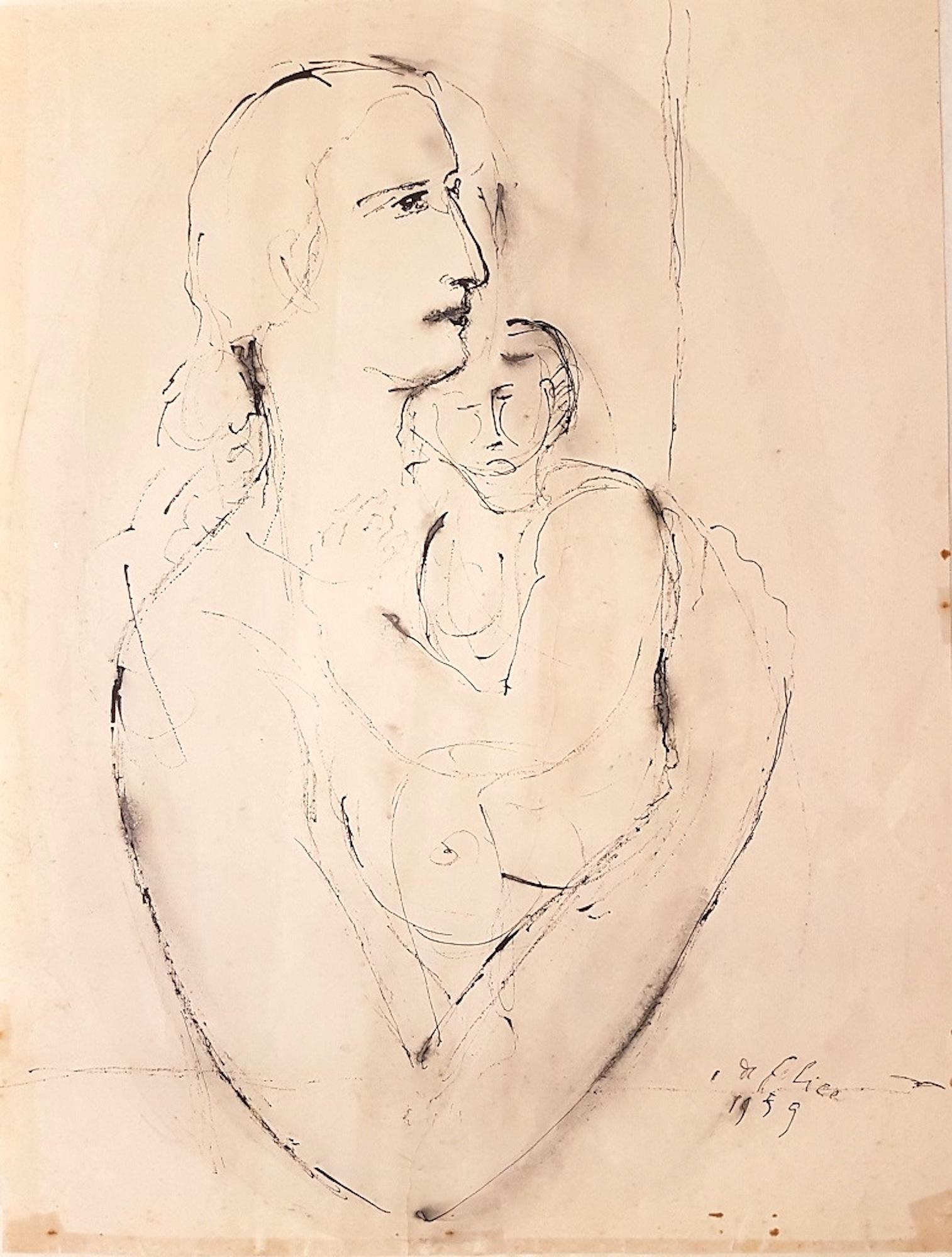 Woman with Baby - Ink Drawing by Aurelio De Felice - 1959