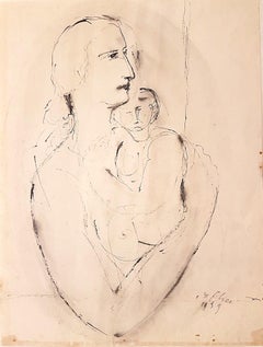 Donna con bambino - Disegno a inchiostro di Aurelio De Felice - 1959