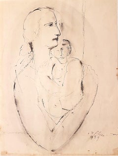 Vintage Woman with Baby - Ink Drawing by Aurelio De Felice - 1959