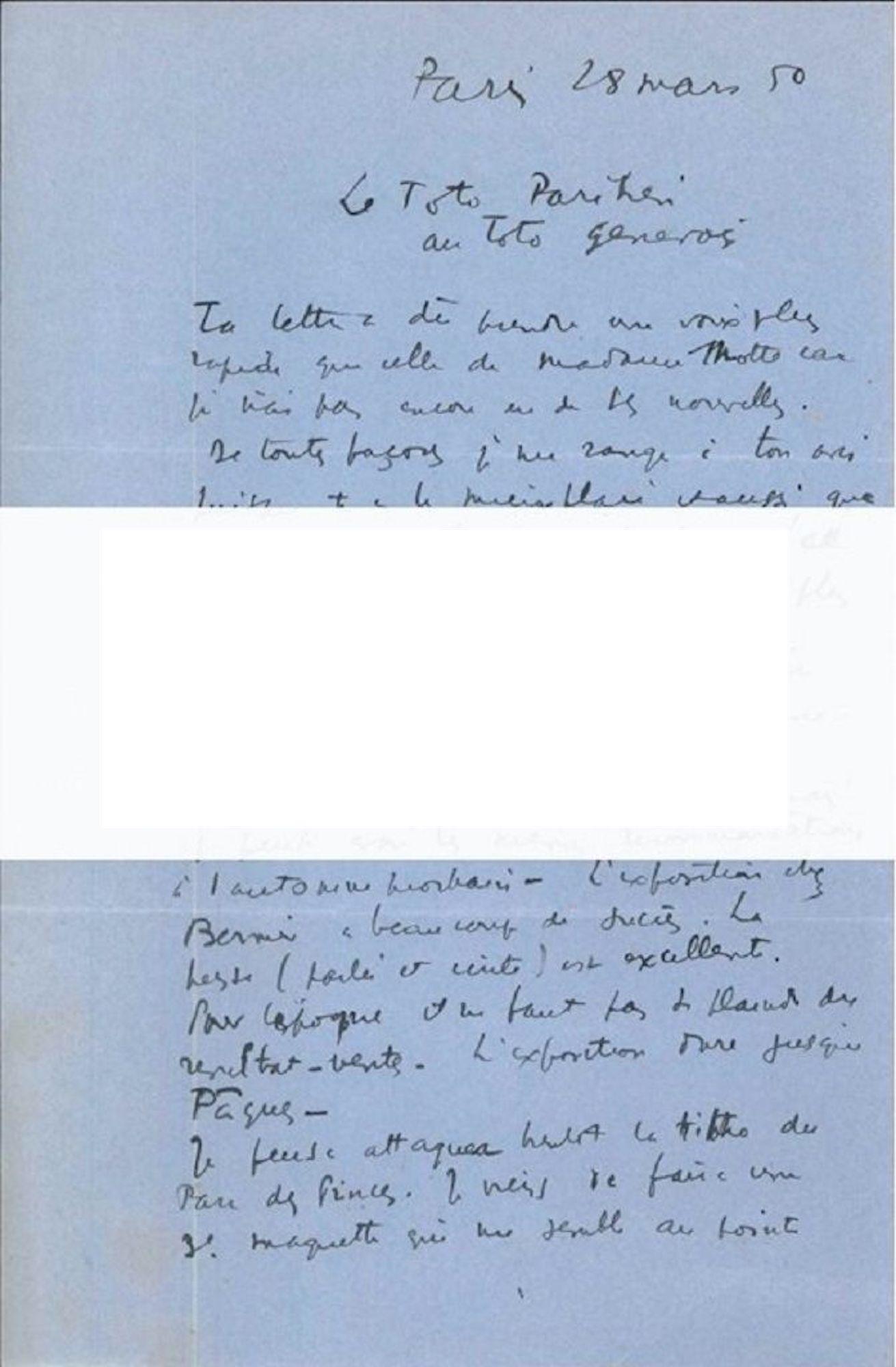 L.A.S. (Lettre Autographe Signée) Lettre autographe signée par A. Masson à N. Jacometti. Paris, 28 mars 1950. Au dos des salutations autographes de Marie et Dominique, les enfants de Massons. Une page recto-verso 24,1 x 16 cm. In 8°. En français. En