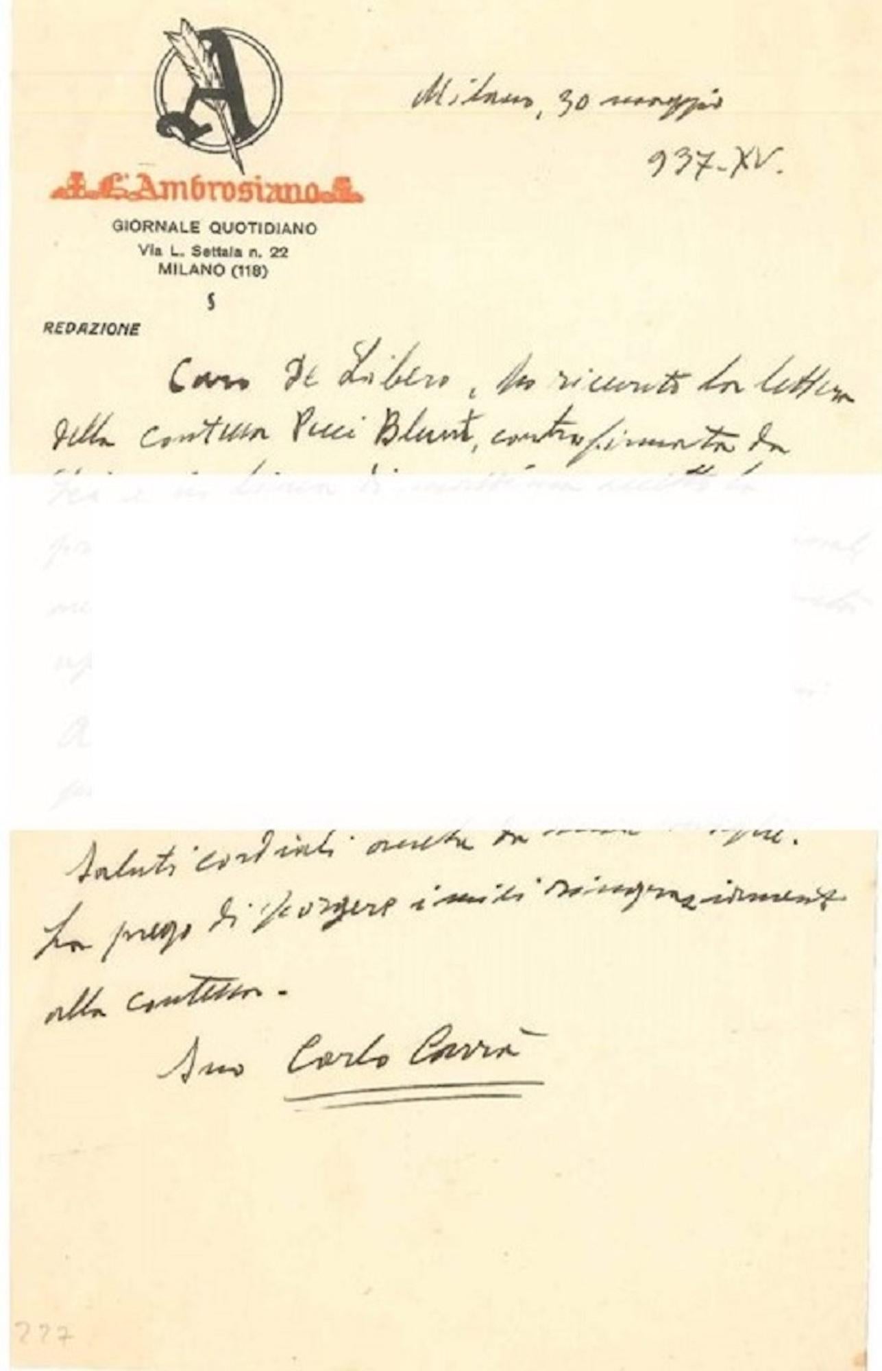 "About the New York Exihibition"- Letter by C. Carrà to L. de Libero - 1937