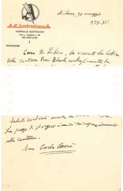 Vintage "About the New York Exihibition"- Letter by C. Carrà to L. de Libero - 1937