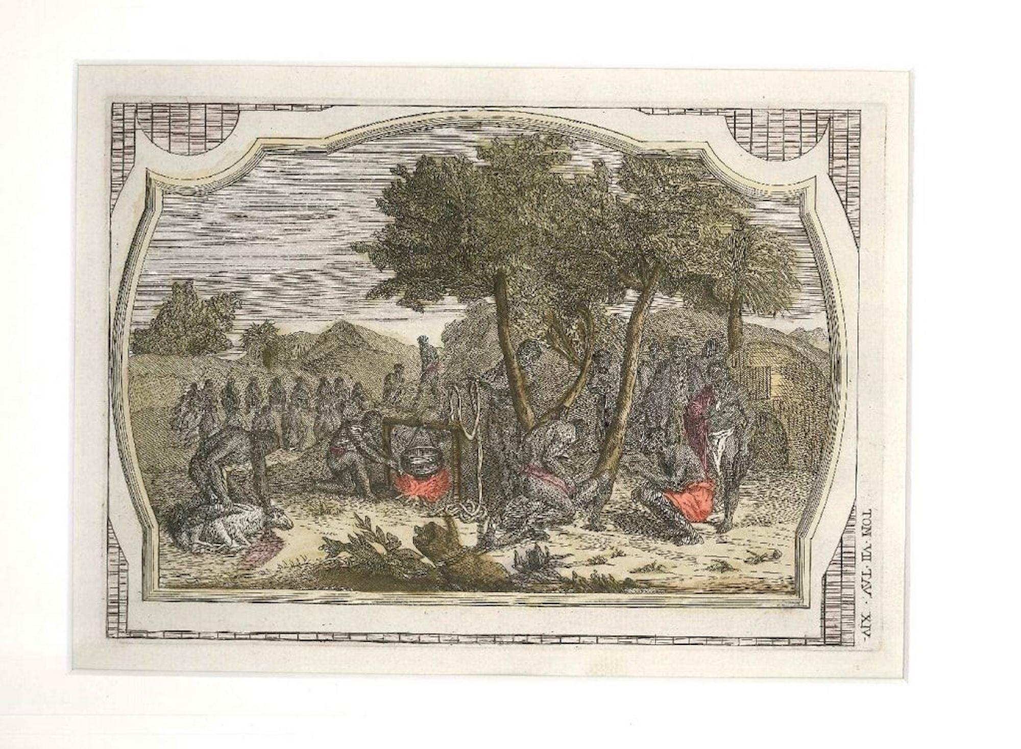 Gianfrancesco Pivati Figurative Print – Sacrifices Among the Natives – Original-Farbradierung von G. Pivati – 1746-1751