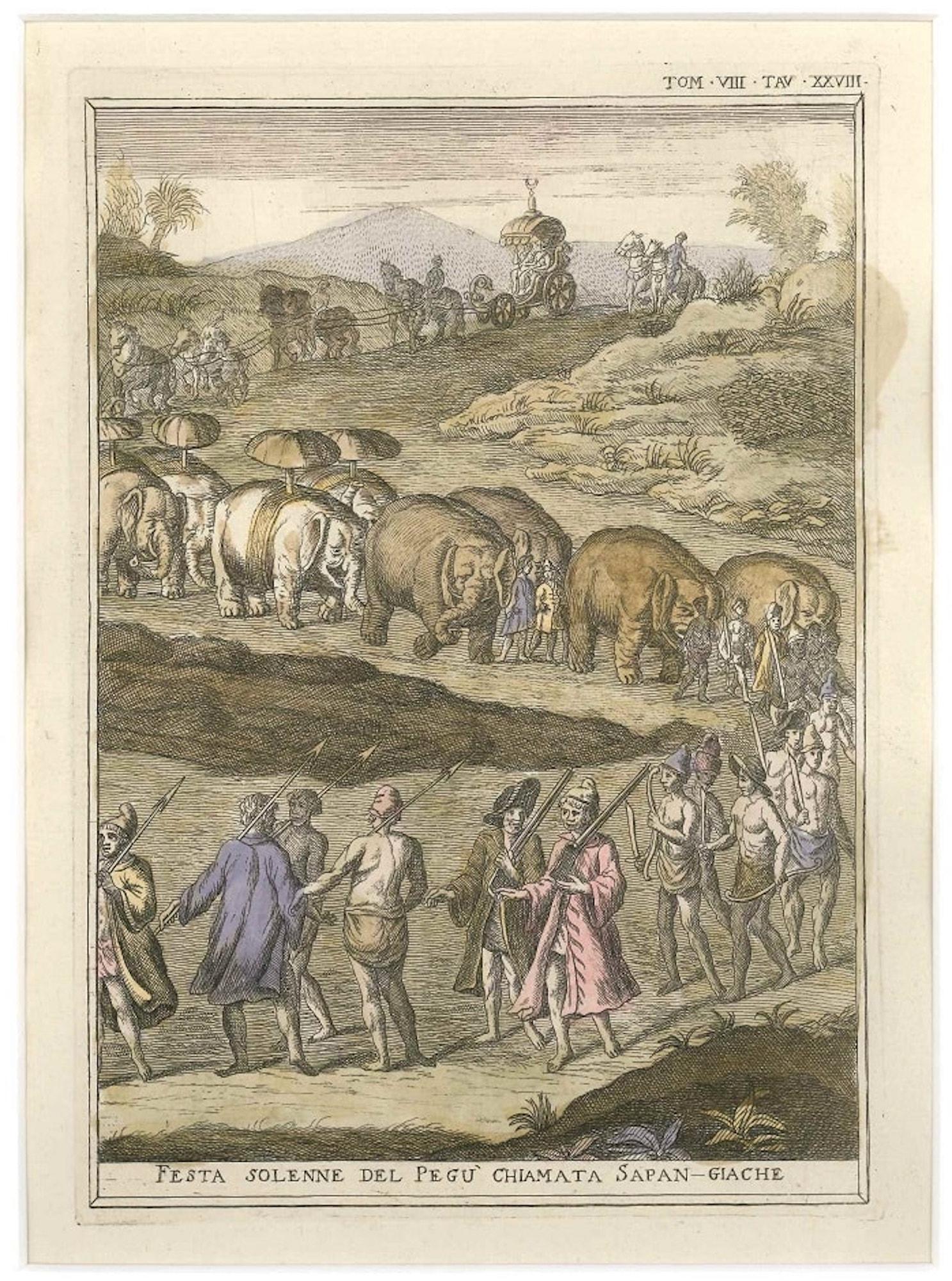 Figurative Print Gianfrancesco Pivati - La grande fête birmane : Sapan Giache - par G. Pivati - 1746-1751