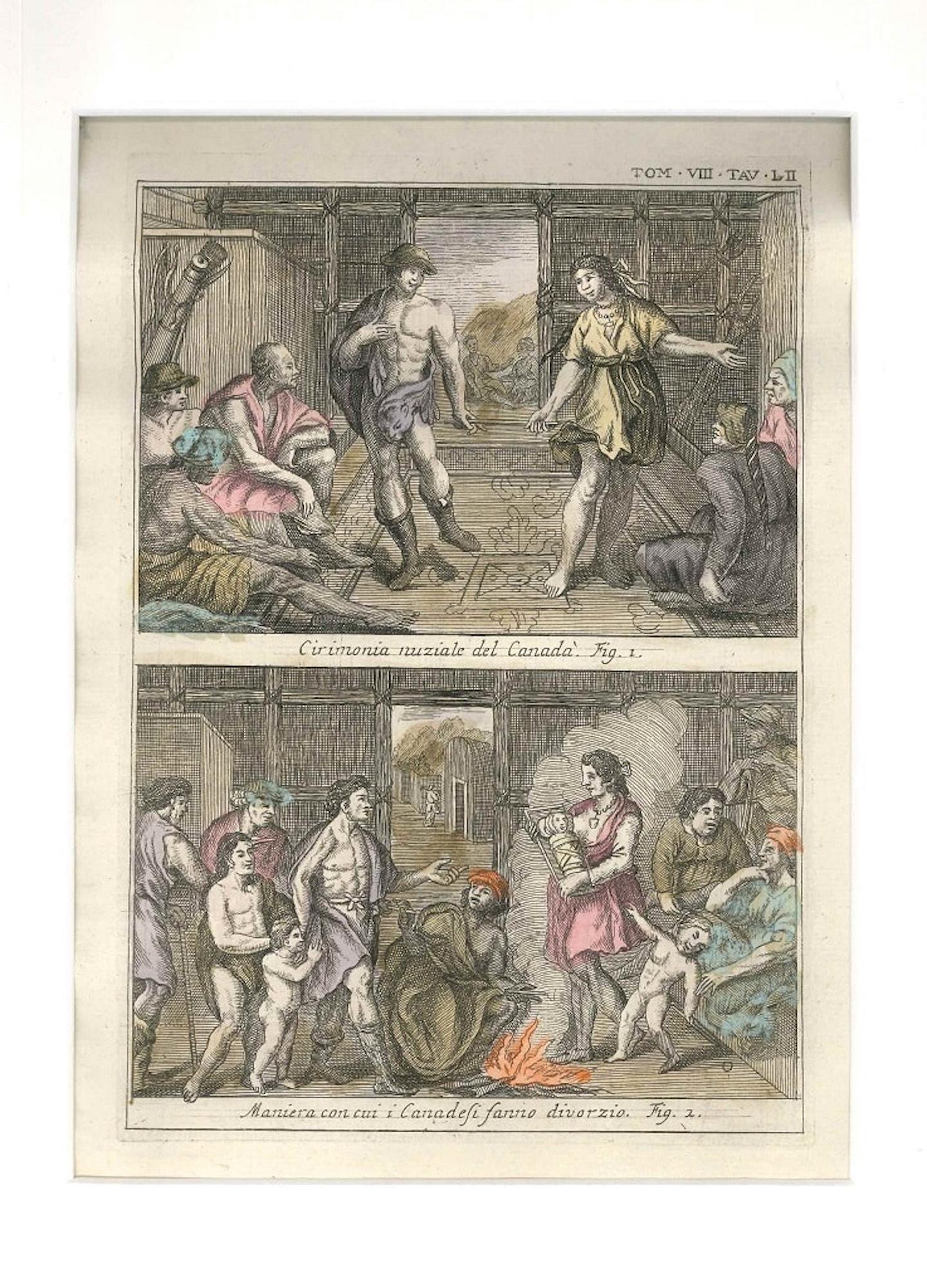 Figurative Print de Gianfrancesco Pivati - Matrimonio y divorcio entre los canadienses - por G. Pivati - 1746-1751
