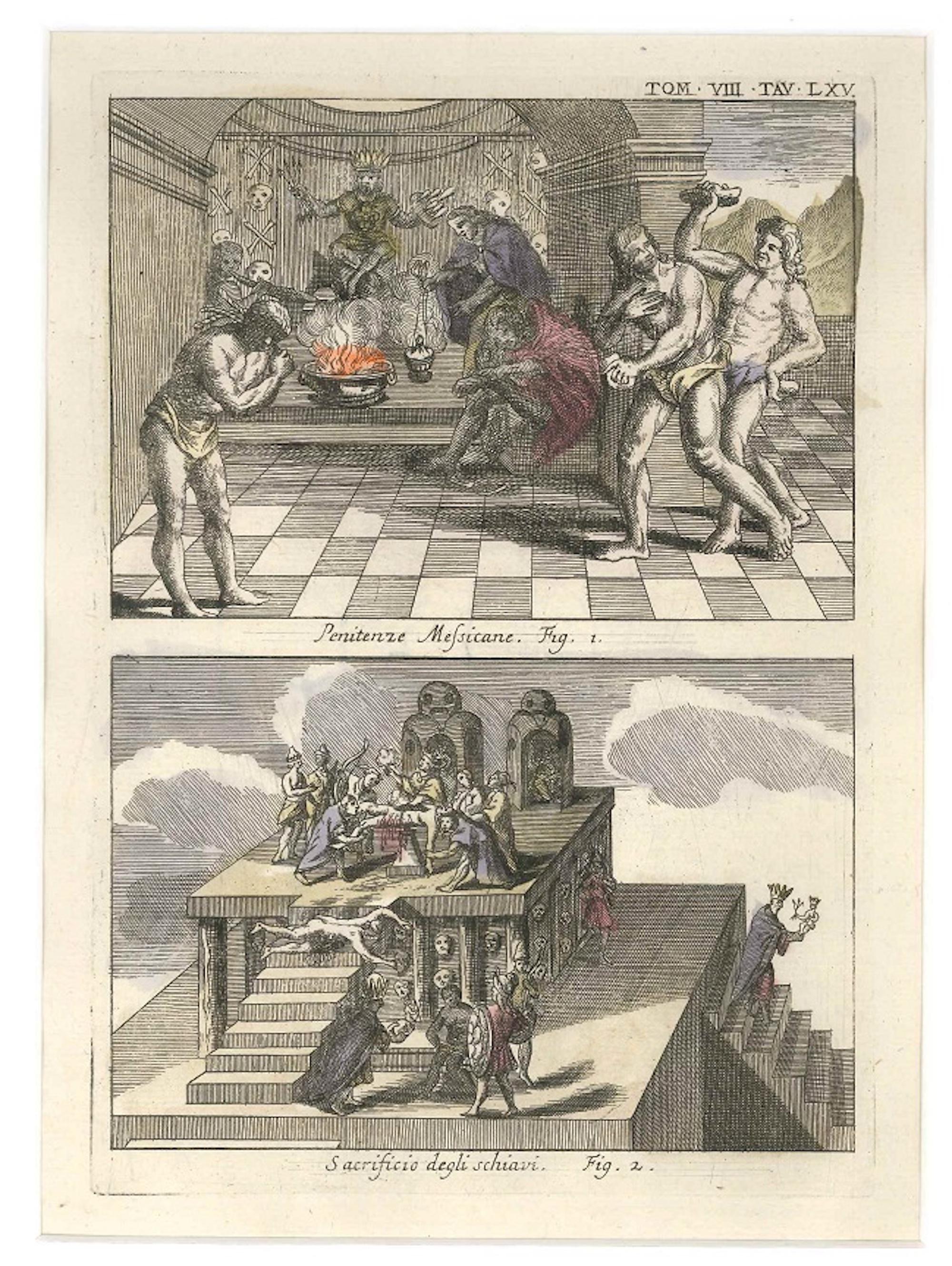 Gianfrancesco Pivati Figurative Print - Mexican Penitences and Sacrifice of Slaves - by G. Pivati - 1746-1751