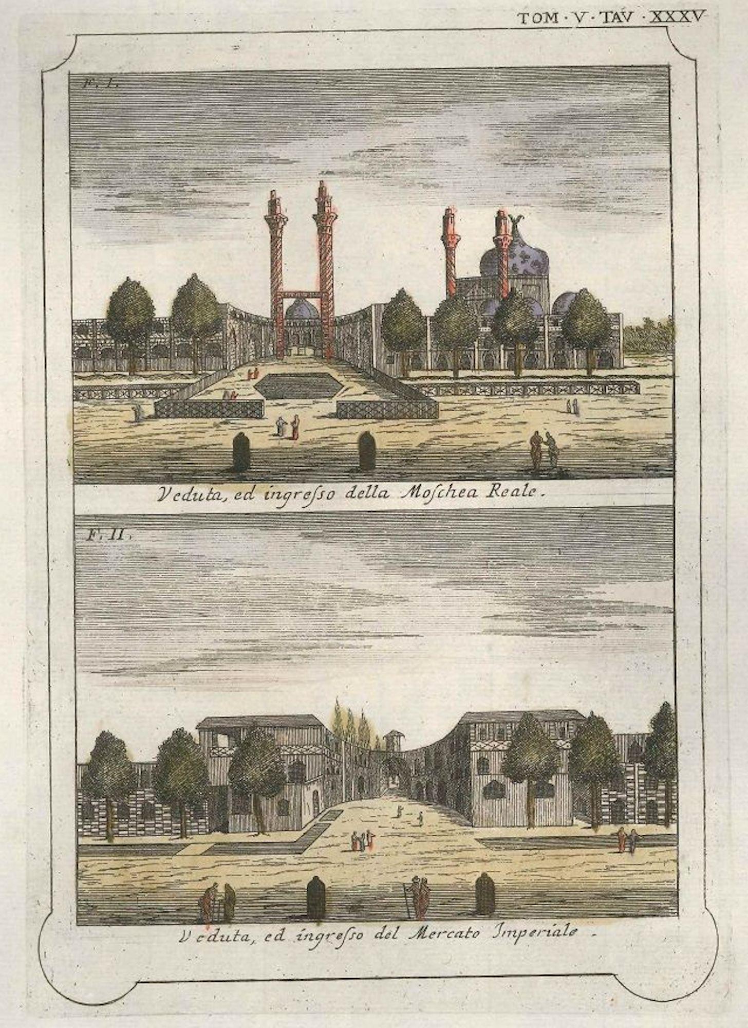 Figurative Print de Gianfrancesco Pivati - Vista y entrada de la Mezquita Real y el Mercado Imperial - 1746-1751