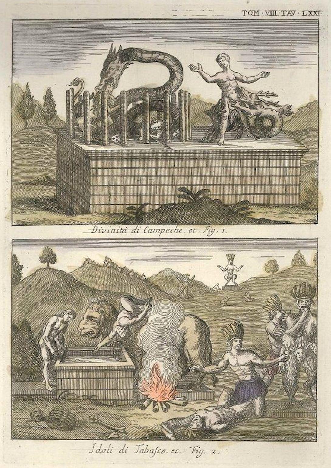 Figurative Print de Gianfrancesco Pivati - Divinidades de Campeche, Ídolos de Tabasco - por G. Pivati - 1746-1751