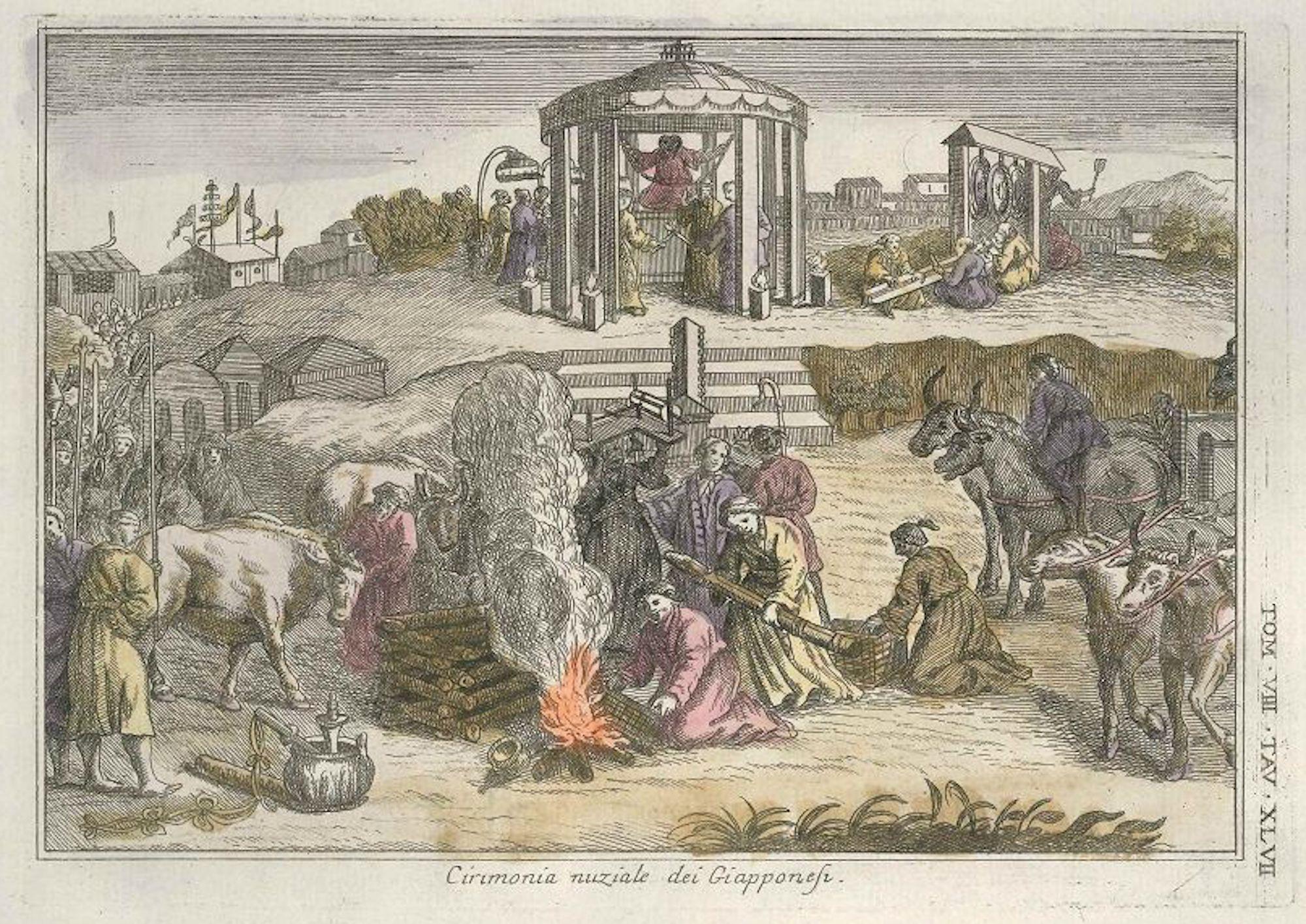 Gianfrancesco Pivati Figurative Print – Japanische japanische Hochzeitseremonie - von G. Pivati - 1746-1751