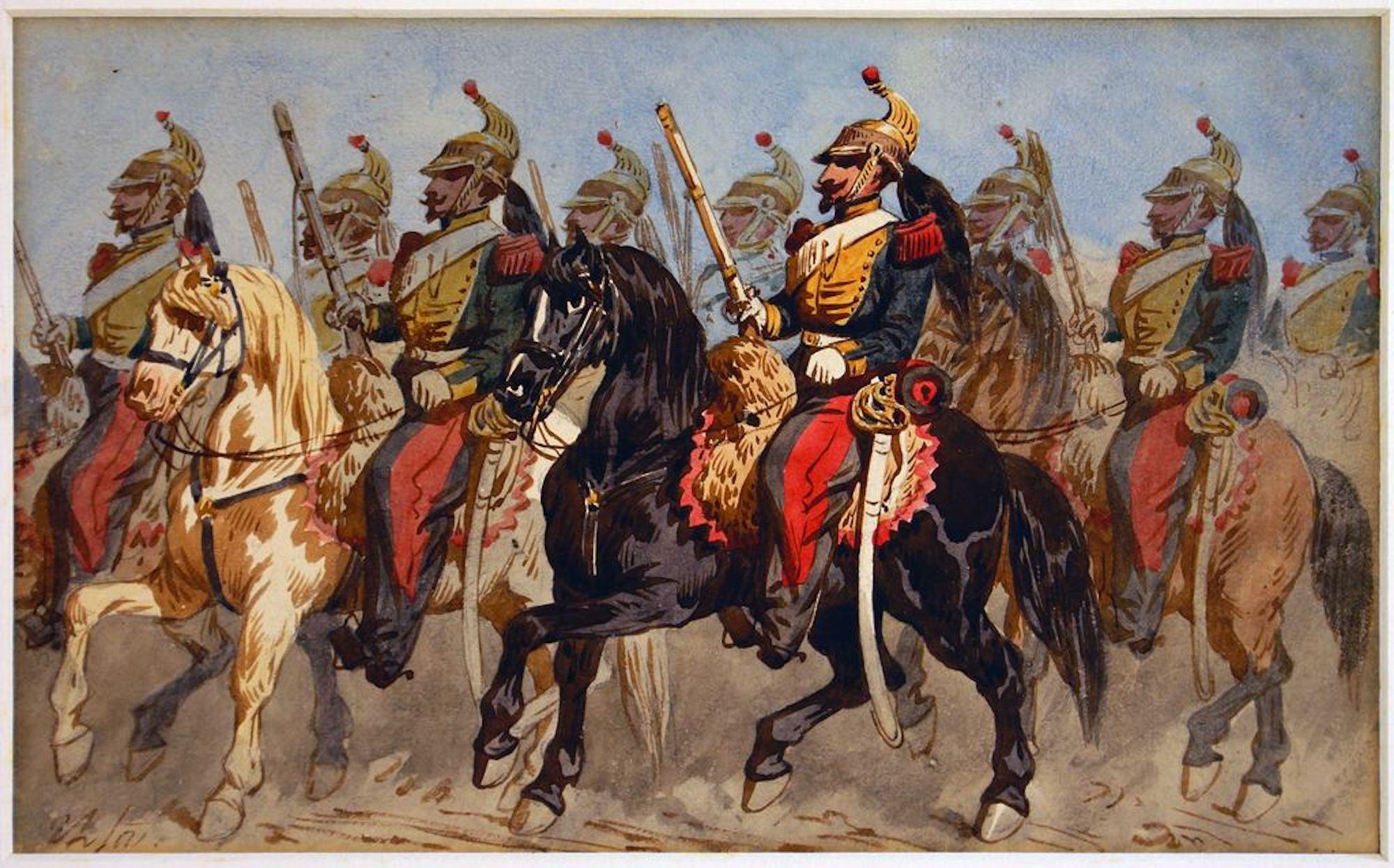 Batalla, caballeros a caballo - Tinta china y acuarela de T. Fort - Década de 1840 - Figurative Art Marrón de Theodore Fort